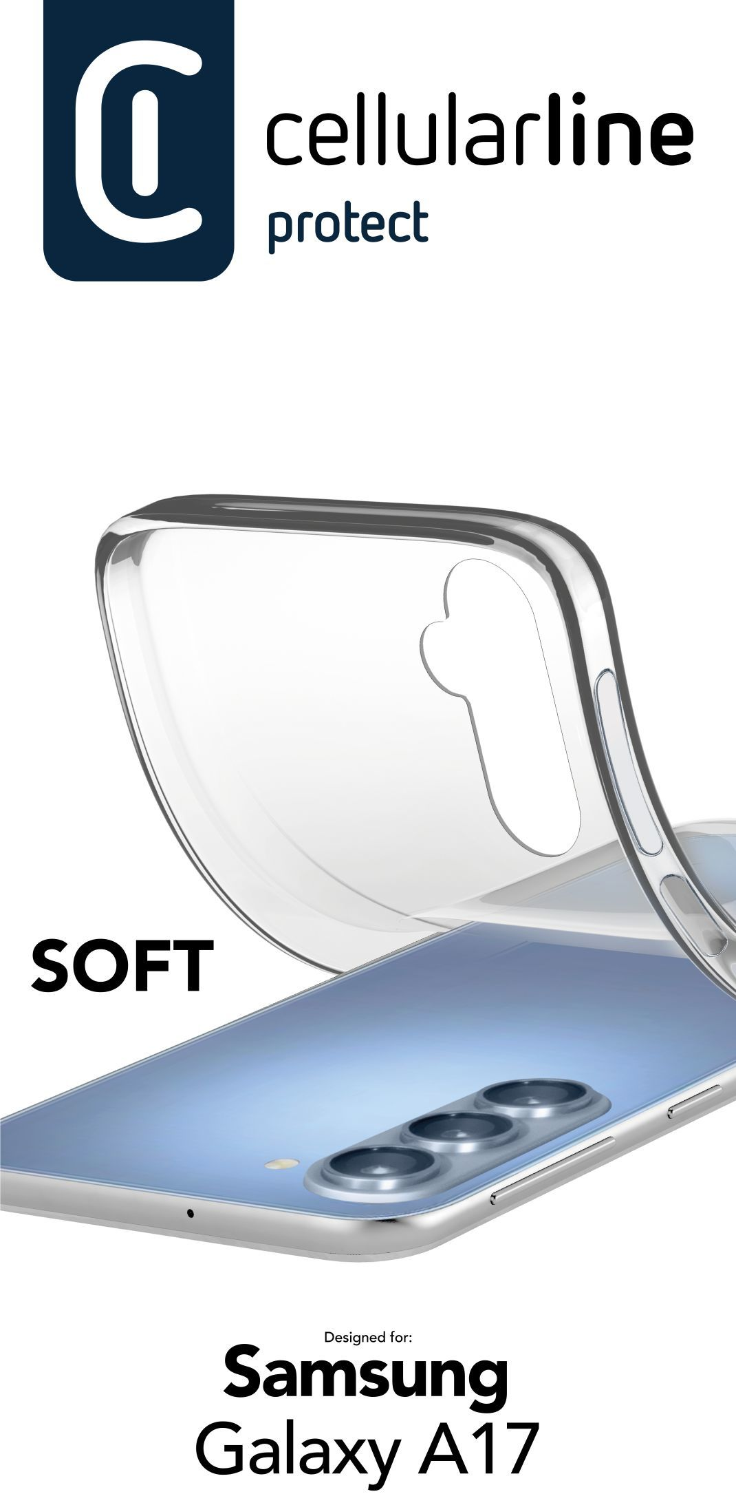 Transparente Hülle über Samsung Galaxy A17 mit 'SOFT'-Text.