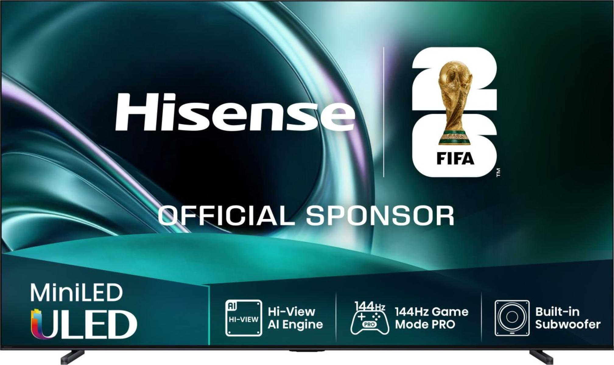Telewizor Hisense MiniLED ULED z logo FIFA, 144Hz, Hi-View AI i subwooferem.