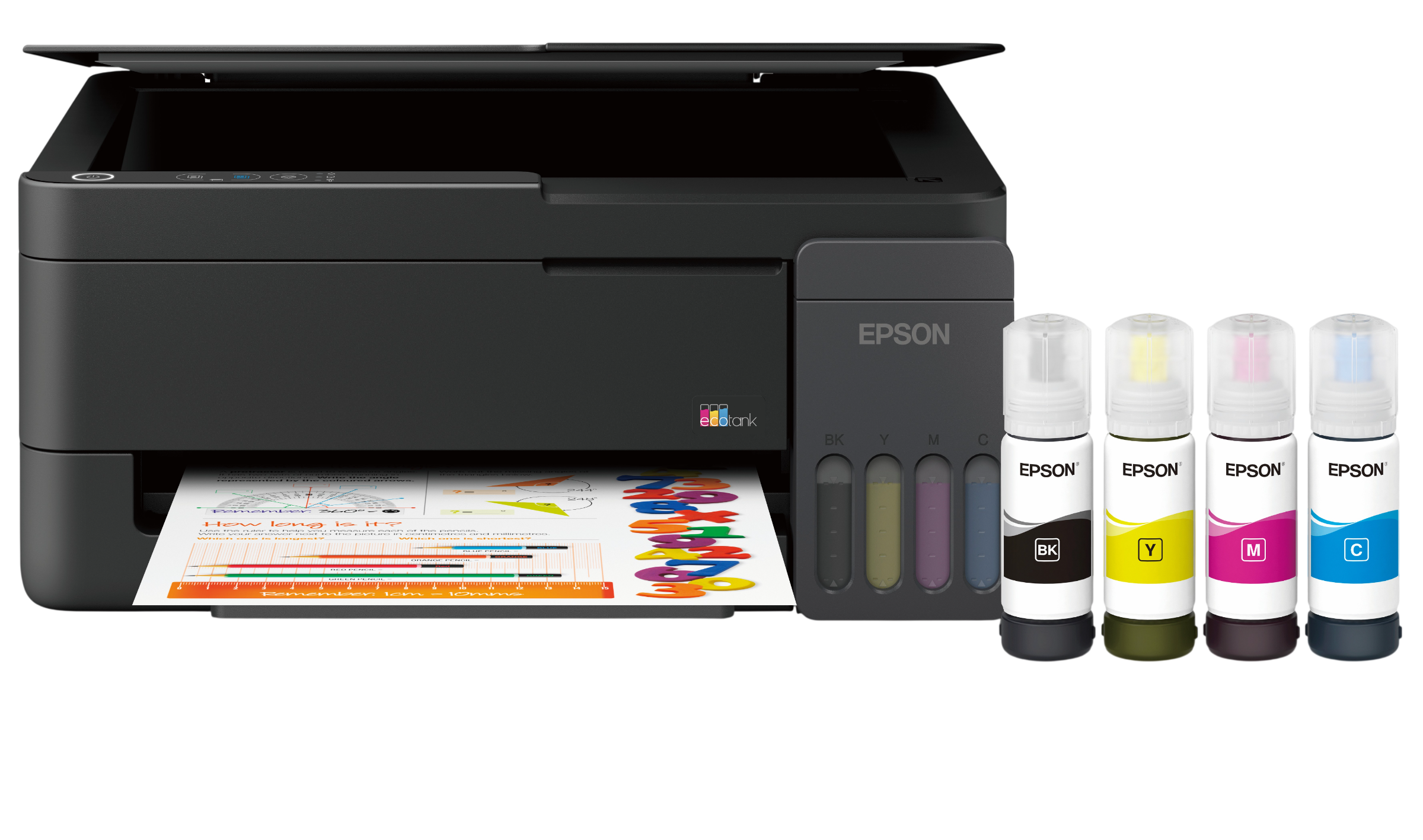 Siyah bir Epson EcoTank yazıcı, kapağı açık, yanında kağıt ve mürekkep şişeleri.