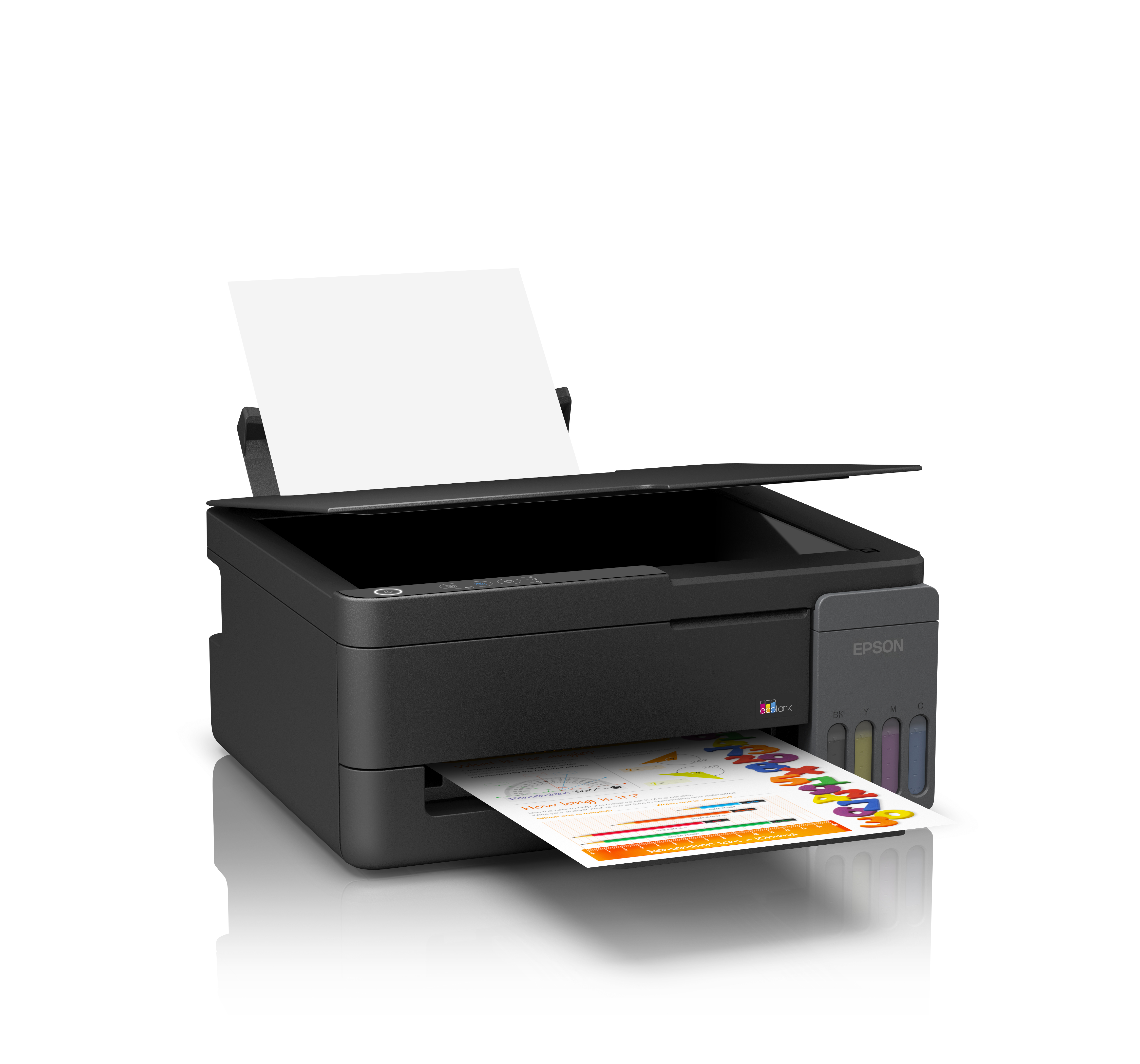 Baskılı kağıt çıktısına sahip siyah Epson EcoTank yazıcı.