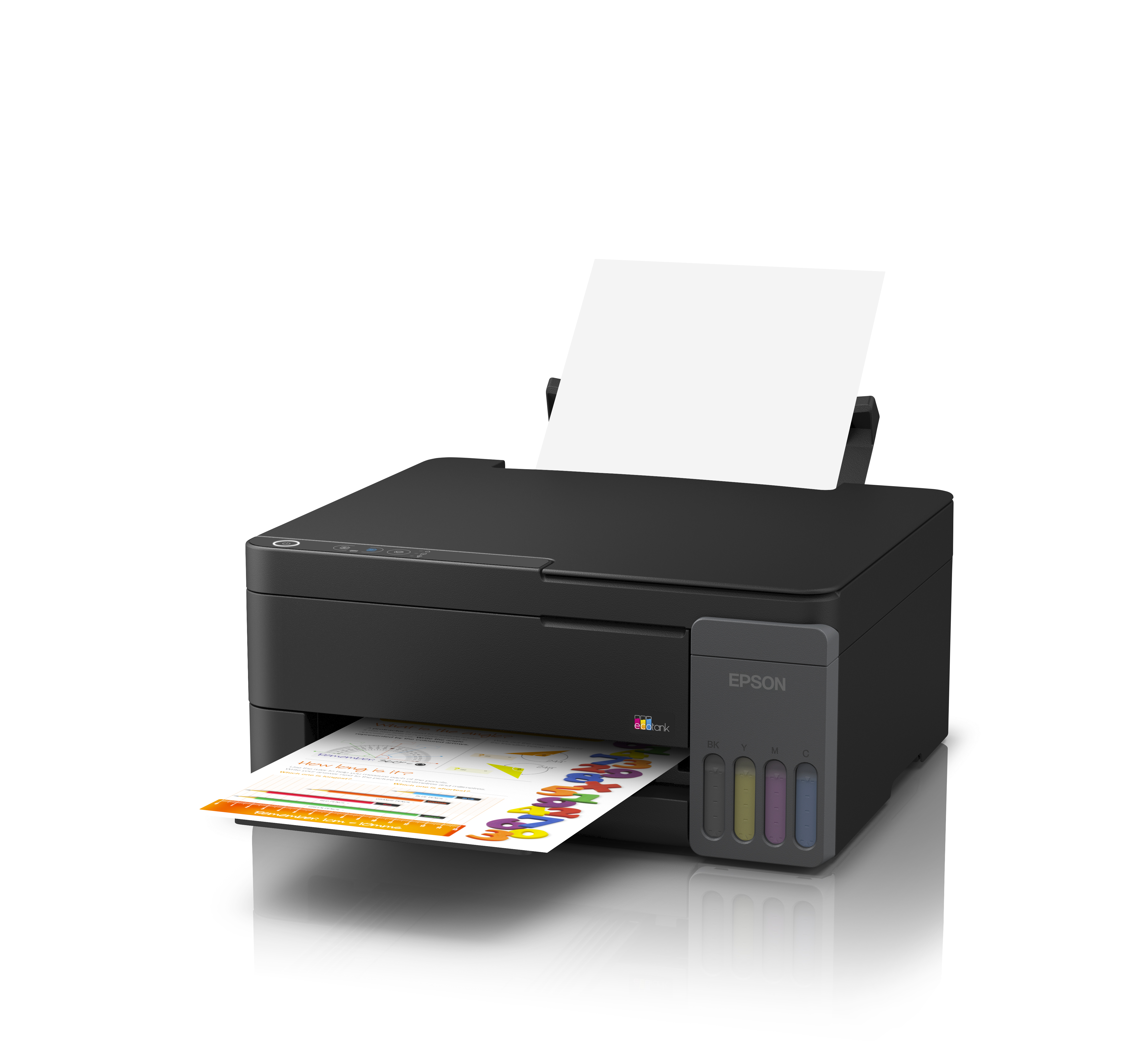 Siyah bir Epson EcoTank yazıcı, üzerinde sayılar bulunan renkli bir çalışma sayfası yazdırıyor.