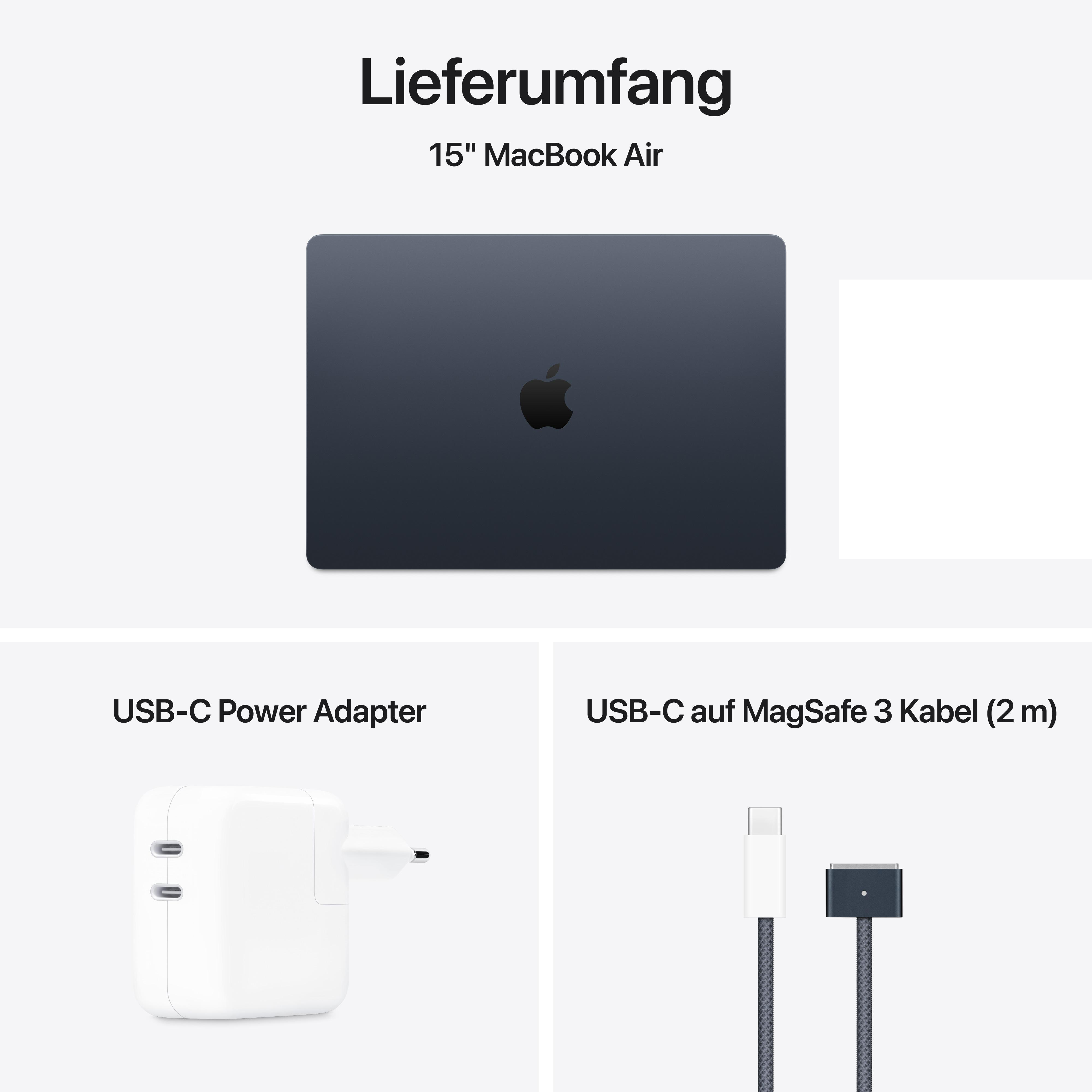 Lieferumfang: 15" MacBook Air, USB-C Netzteil und USB-C auf MagSafe 3 Kabel.
