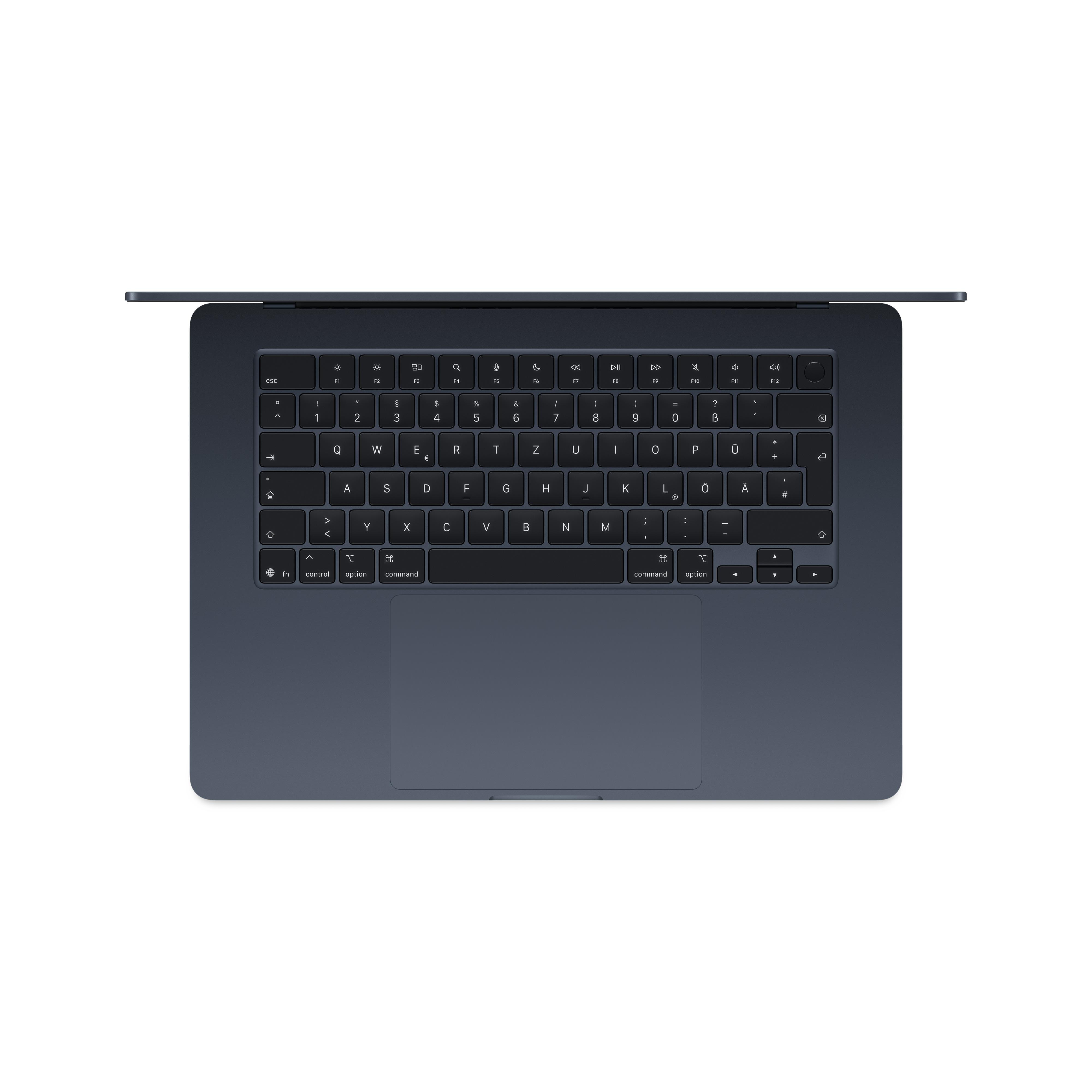 Dunkelgraues MacBook mit Tastatur und großem Touchpad, von oben betrachtet.
