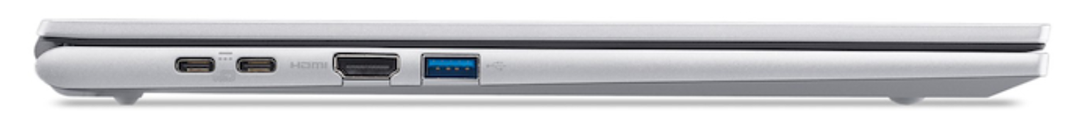 Portátil plateado con puertos USB-C, HDMI y USB-A en el lateral.