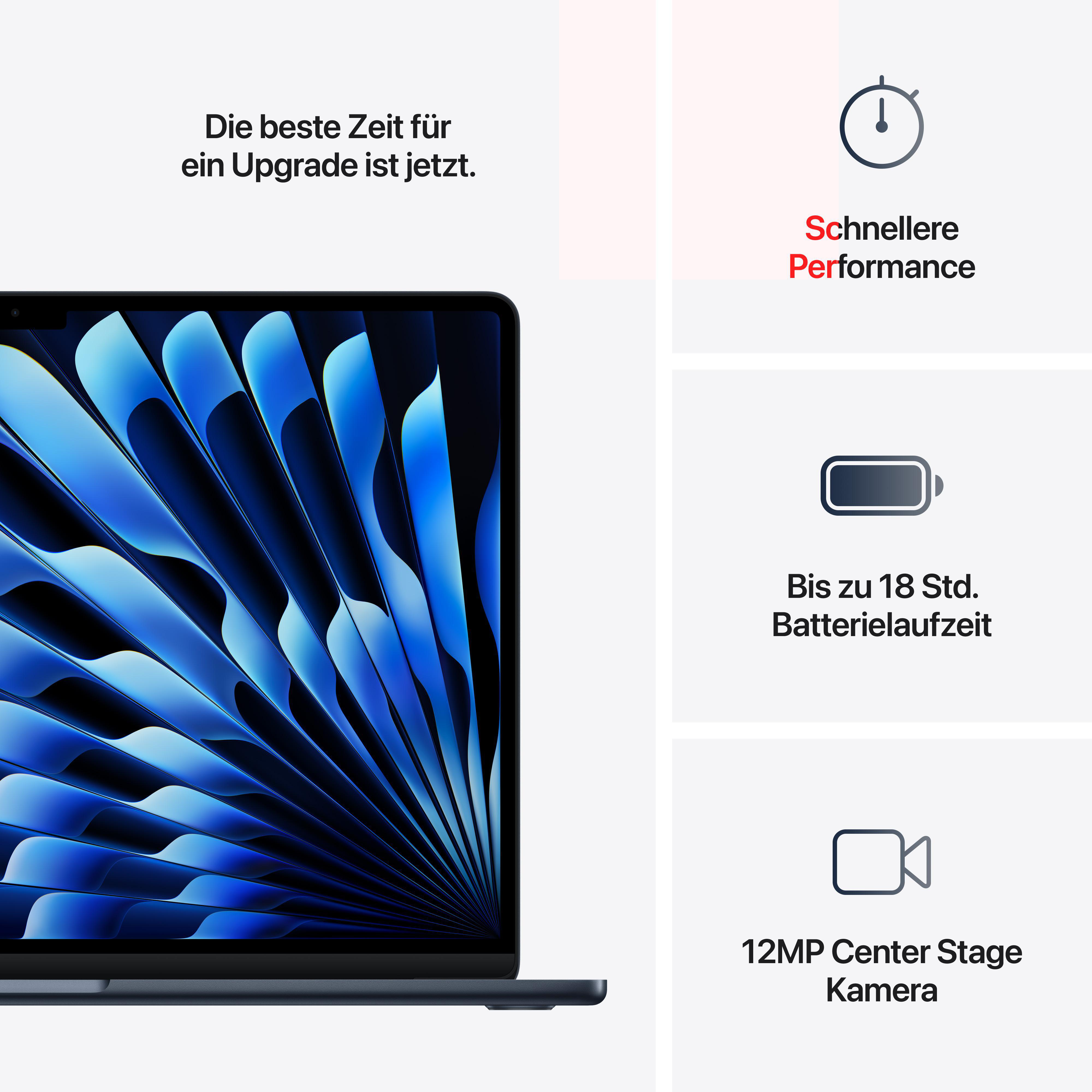 Ein Laptop mit blauem Hintergrundbild, Akkulaufzeit und Kamera.