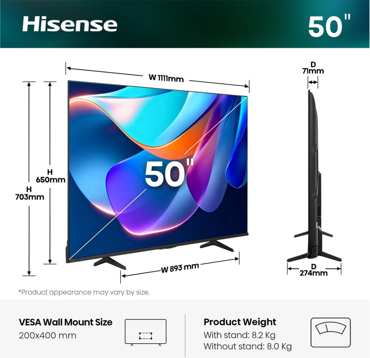 Ein 50-Zoll-Hisense-Fernseher mit Maßen und Gewichtsangaben.