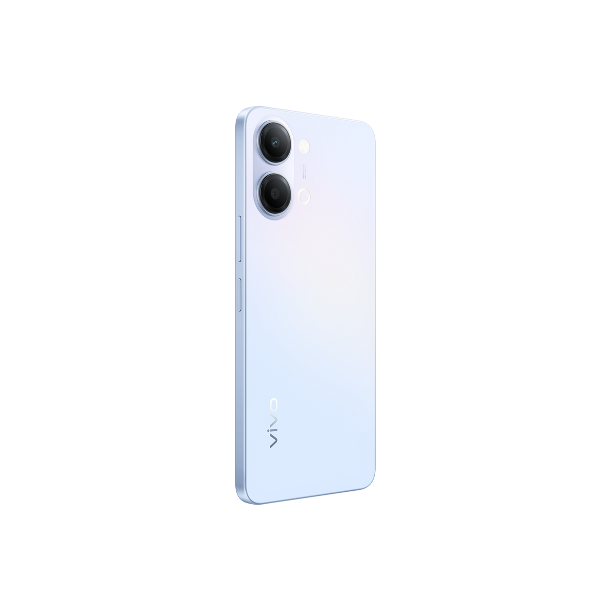 Arkada çift kameralı açık mavi bir akıllı telefon.