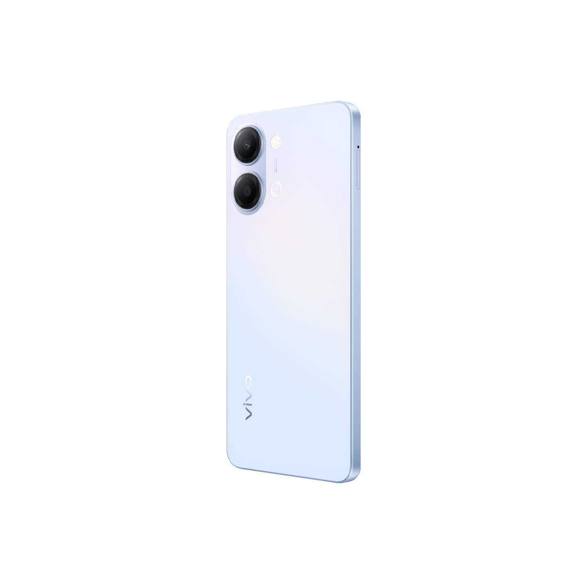 Beyaz arka plan üzerinde iki arka kamerası olan açık mavi bir akıllı telefon.
