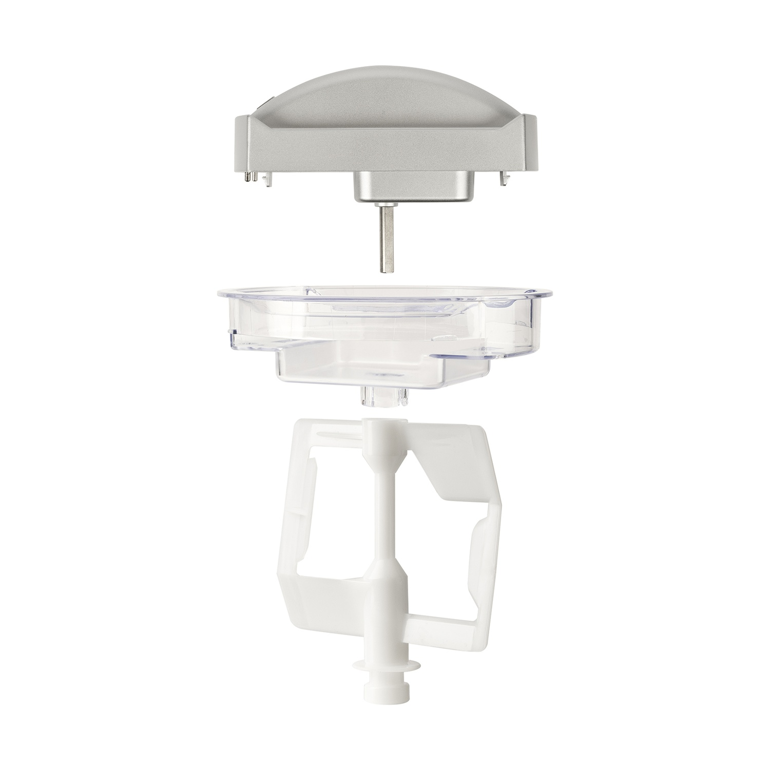 Accessorio mixer argentato, ciotola in plastica e frusta bianca su sfondo bianco.