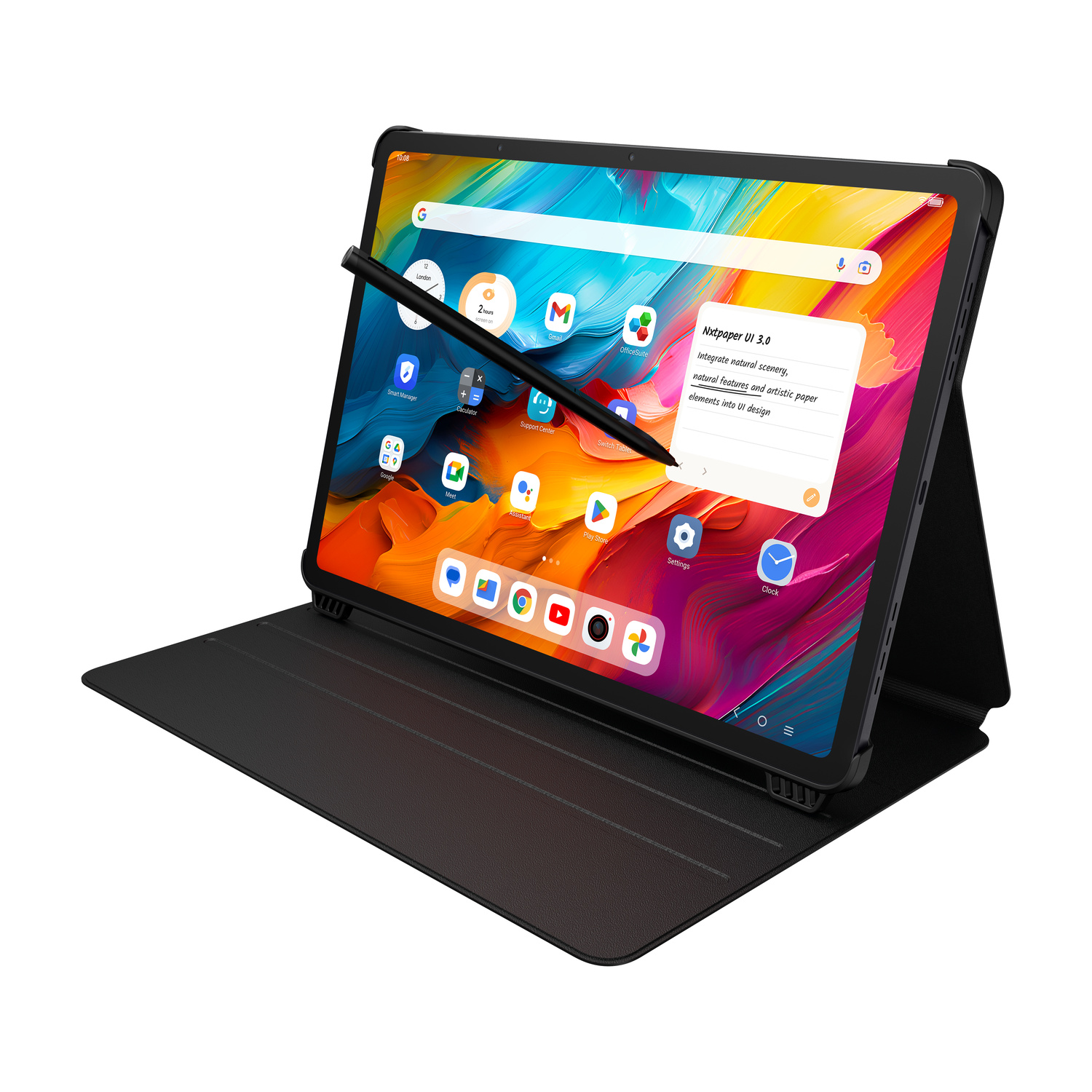 Un tablet nero con stilo poggia su una custodia nera. Lo schermo mostra uno sfondo colorato e icone di app.