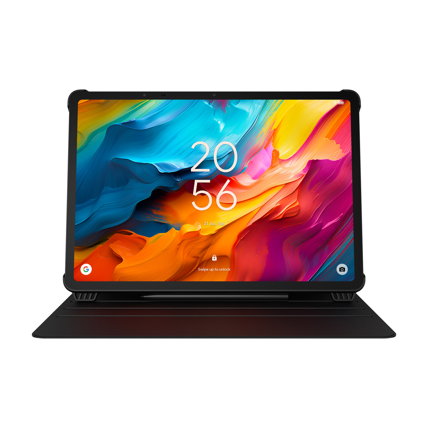 Un tablet nero con uno sfondo astratto colorato e una custodia con tastiera nera.