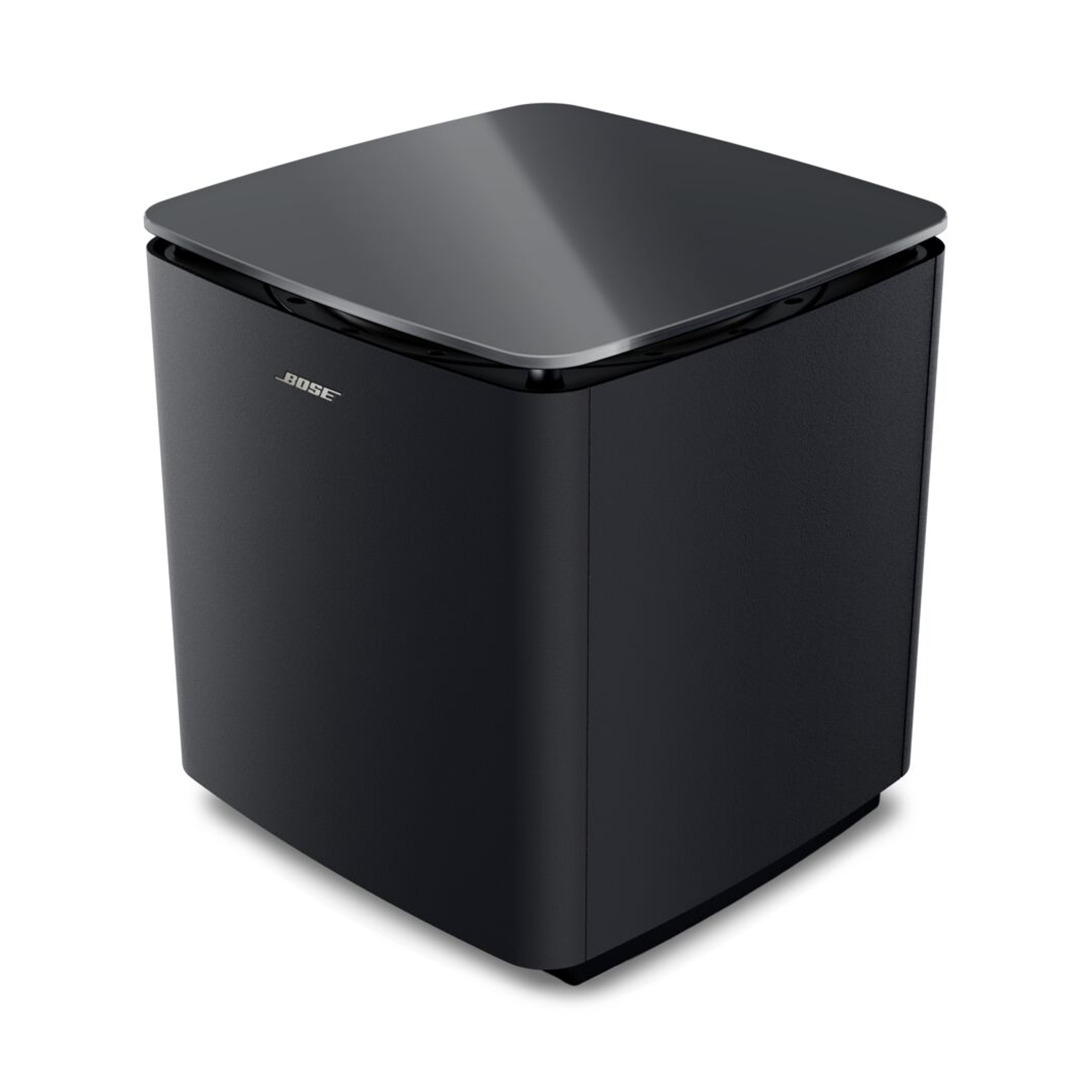 Subwoofer Bose nero con coperchio lucido, isolato su sfondo bianco.