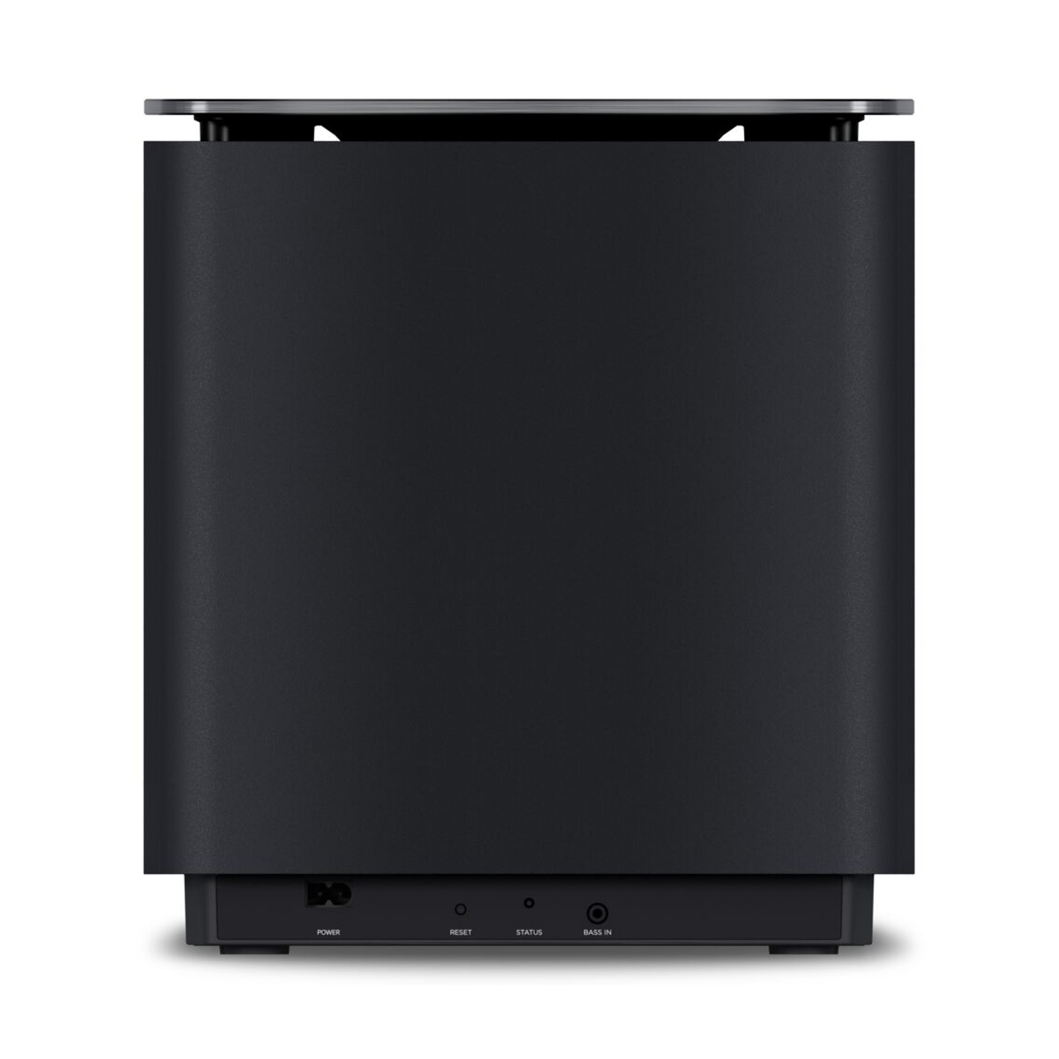 Subwoofer nero con porte: Power, Reset, Status, Bass In.