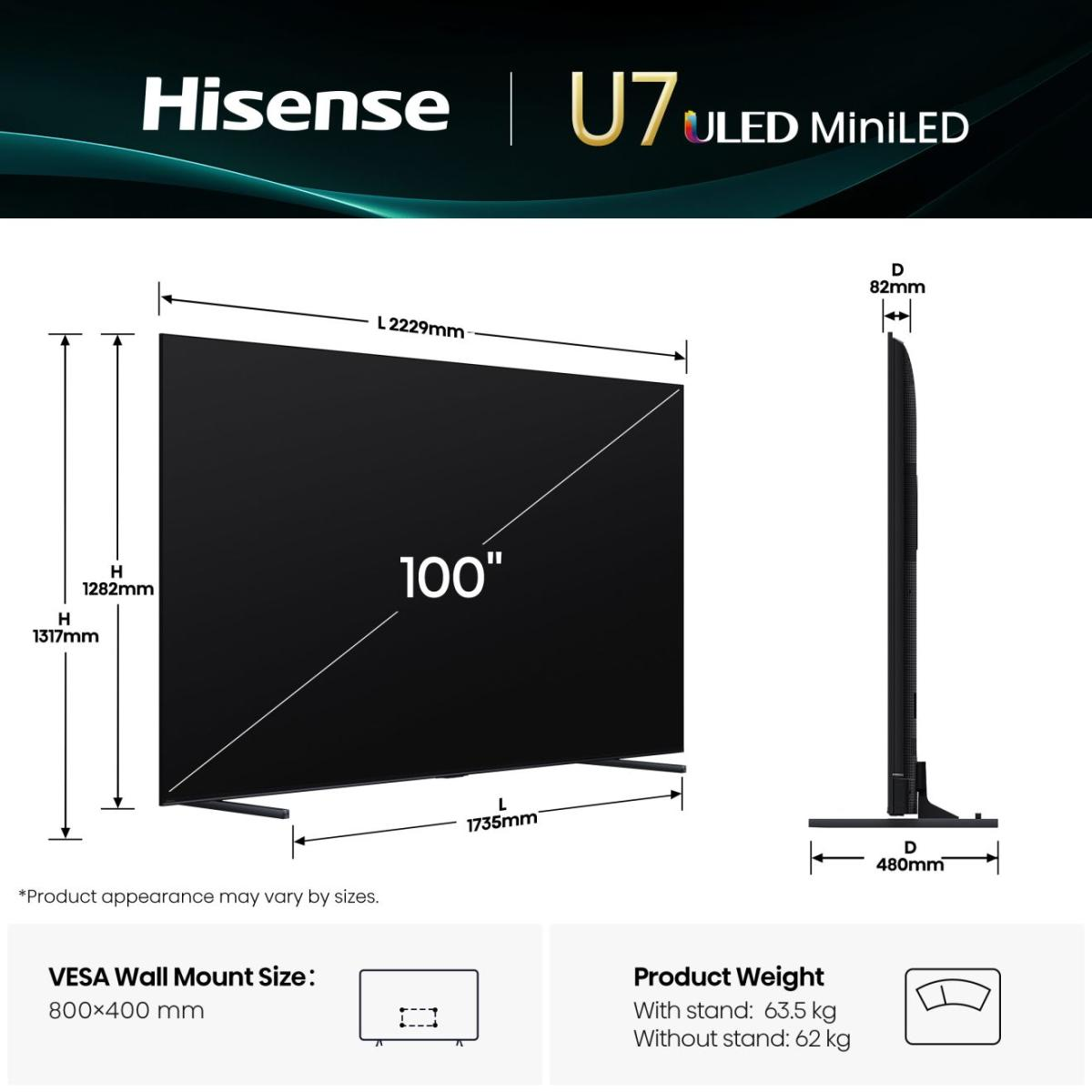 Rysunek techniczny telewizora Hisense U7 ULED MiniLED 100 cali z wymiarami.