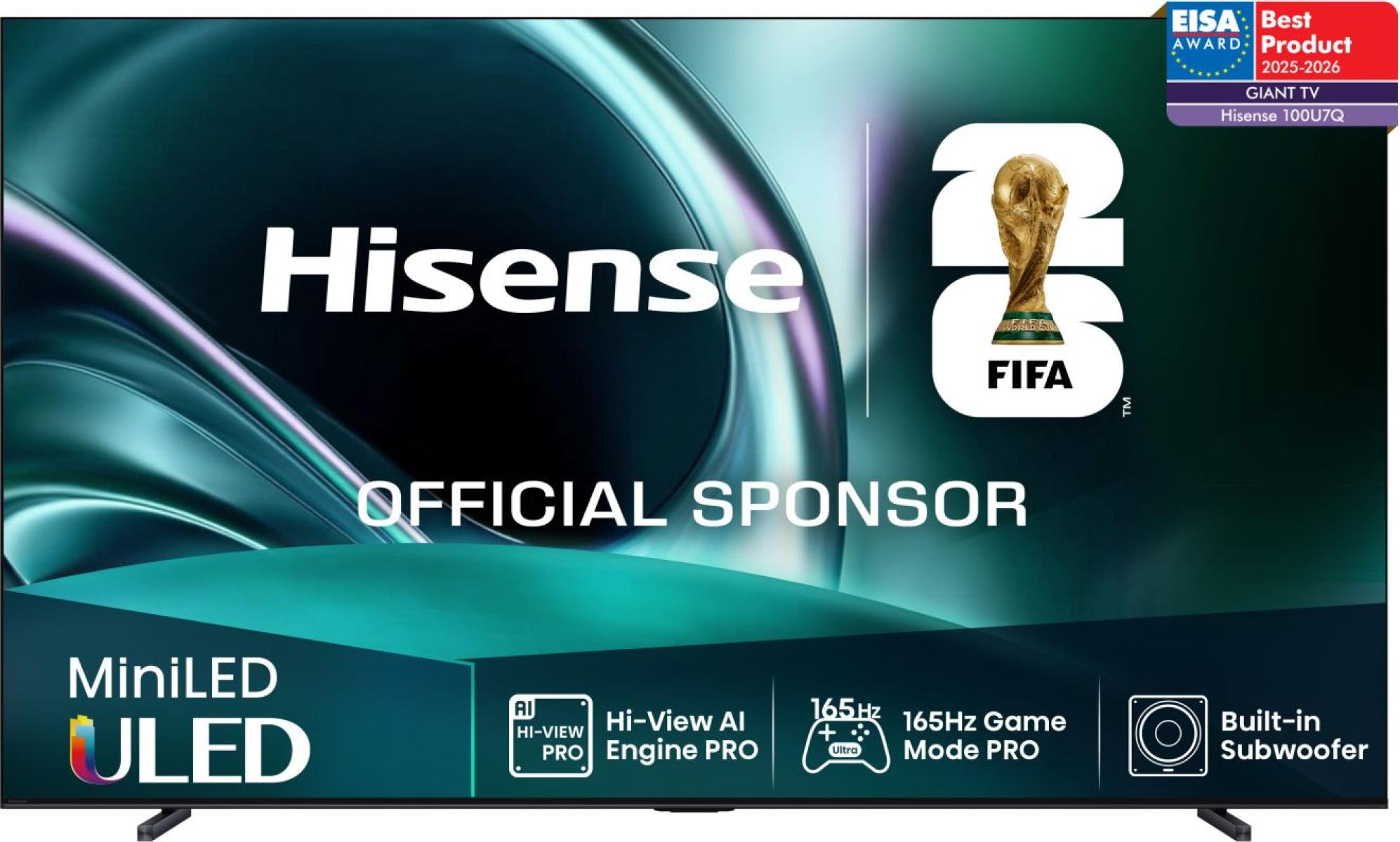 Telewizor Hisense MiniLED ULED z pucharem FIFA, nagrodą EISA i funkcjami.