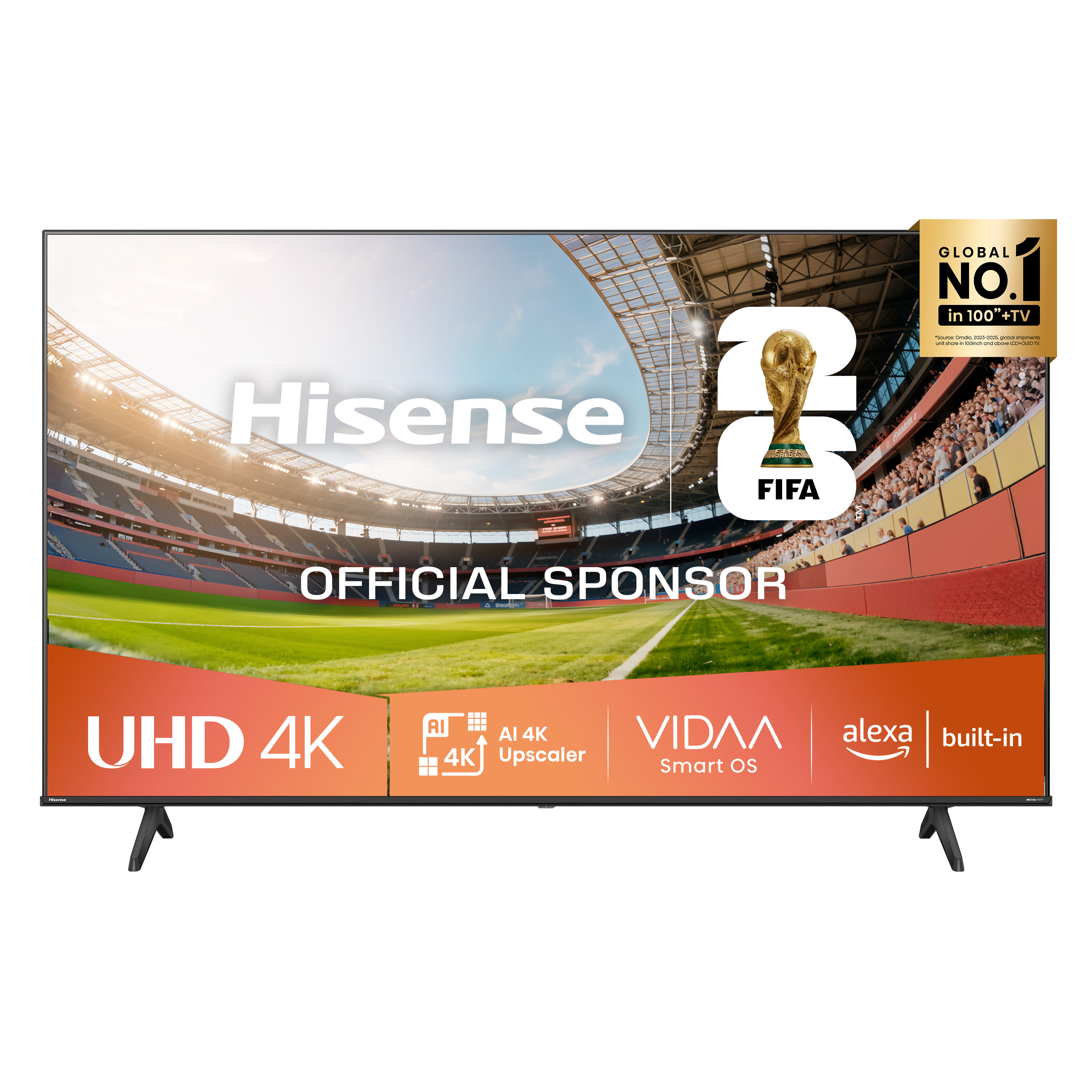 Telewizor Hisense UHD 4K z logo FIFA, stadionem, AI 4K Upscaler, VIDAA Smart OS.