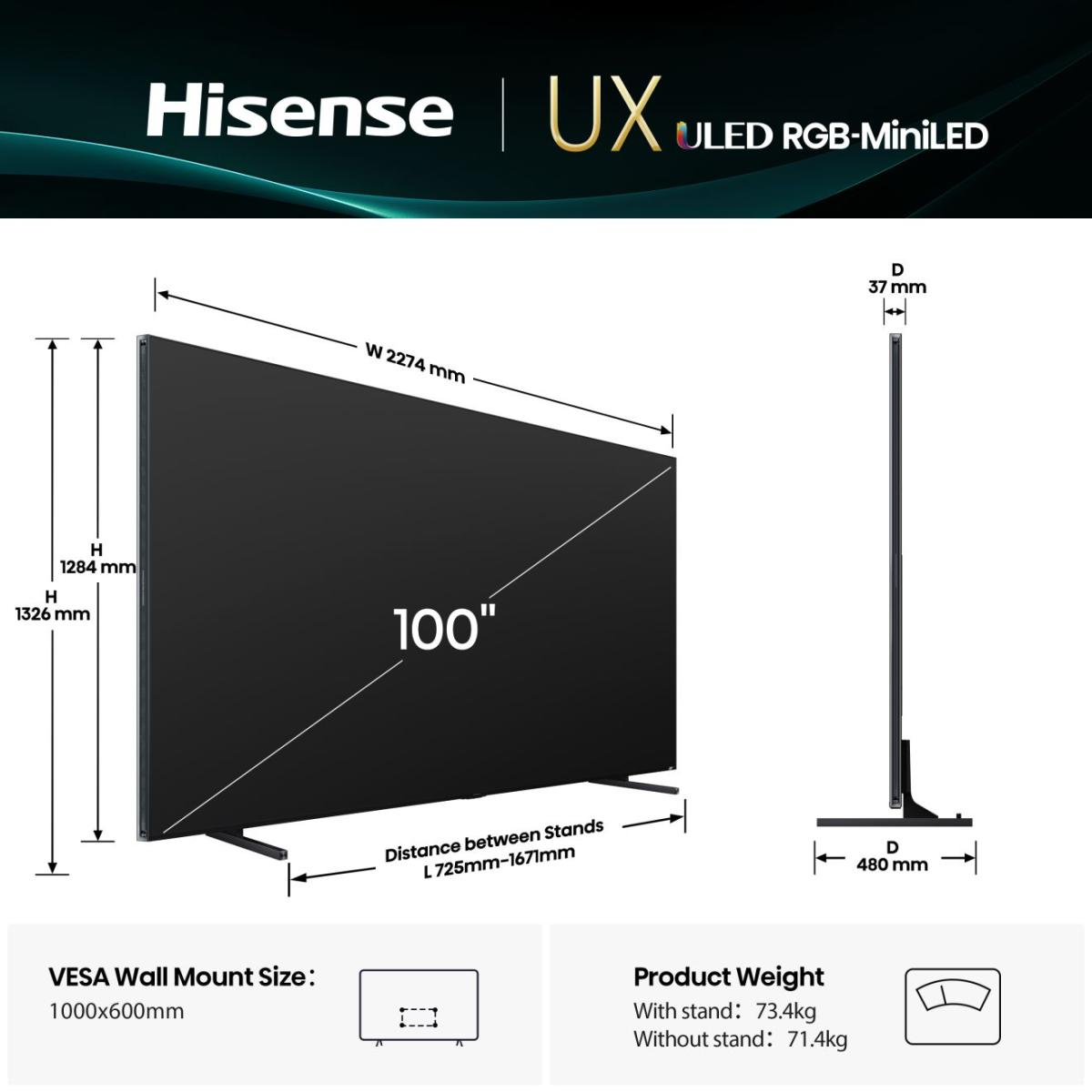 Technische Zeichnung eines 100-Zoll-Hisense-ULED-RGB-MiniLED-Fernsehers mit Maßen.