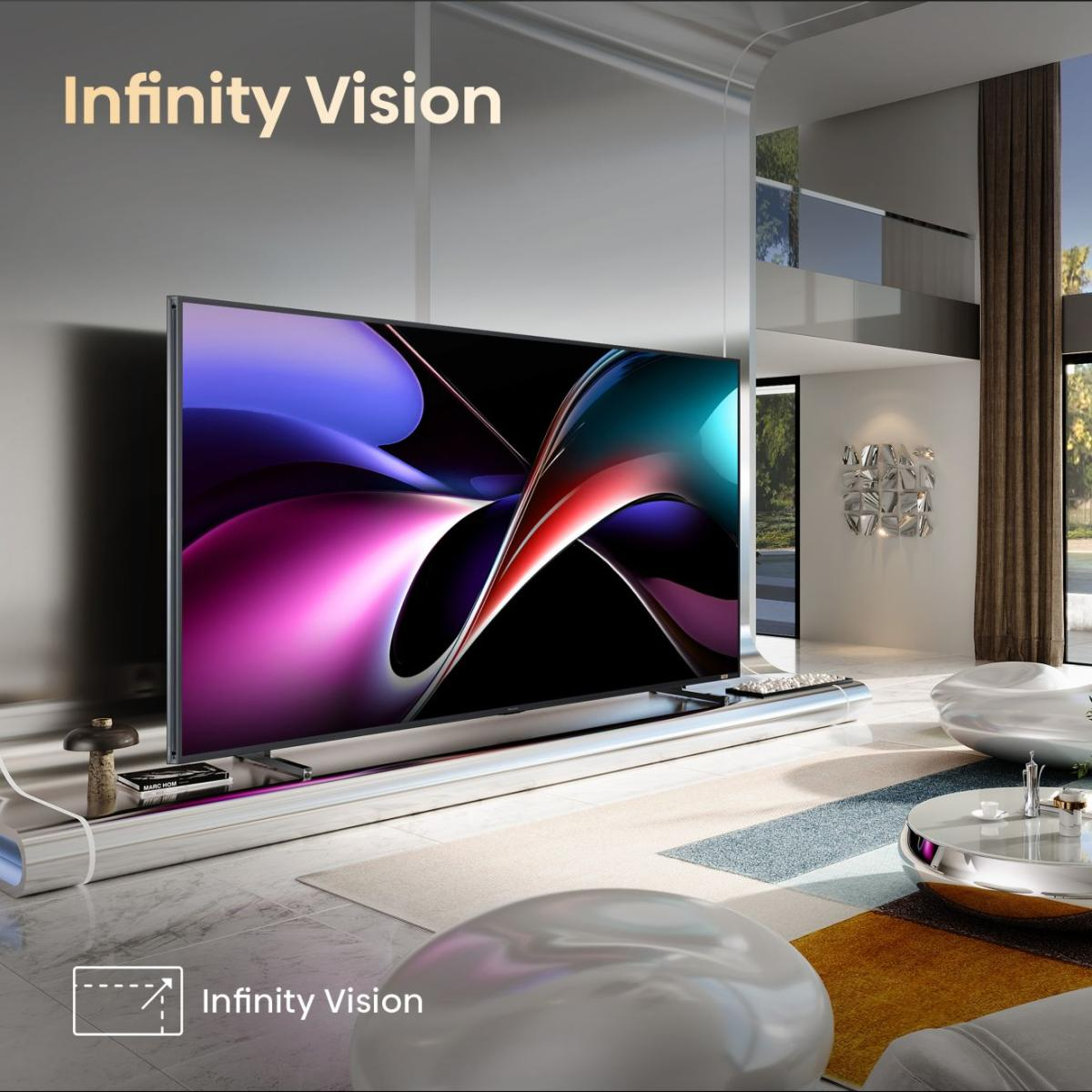 Ein großer Fernseher mit abstraktem Bild in einem modernen Wohnzimmer.