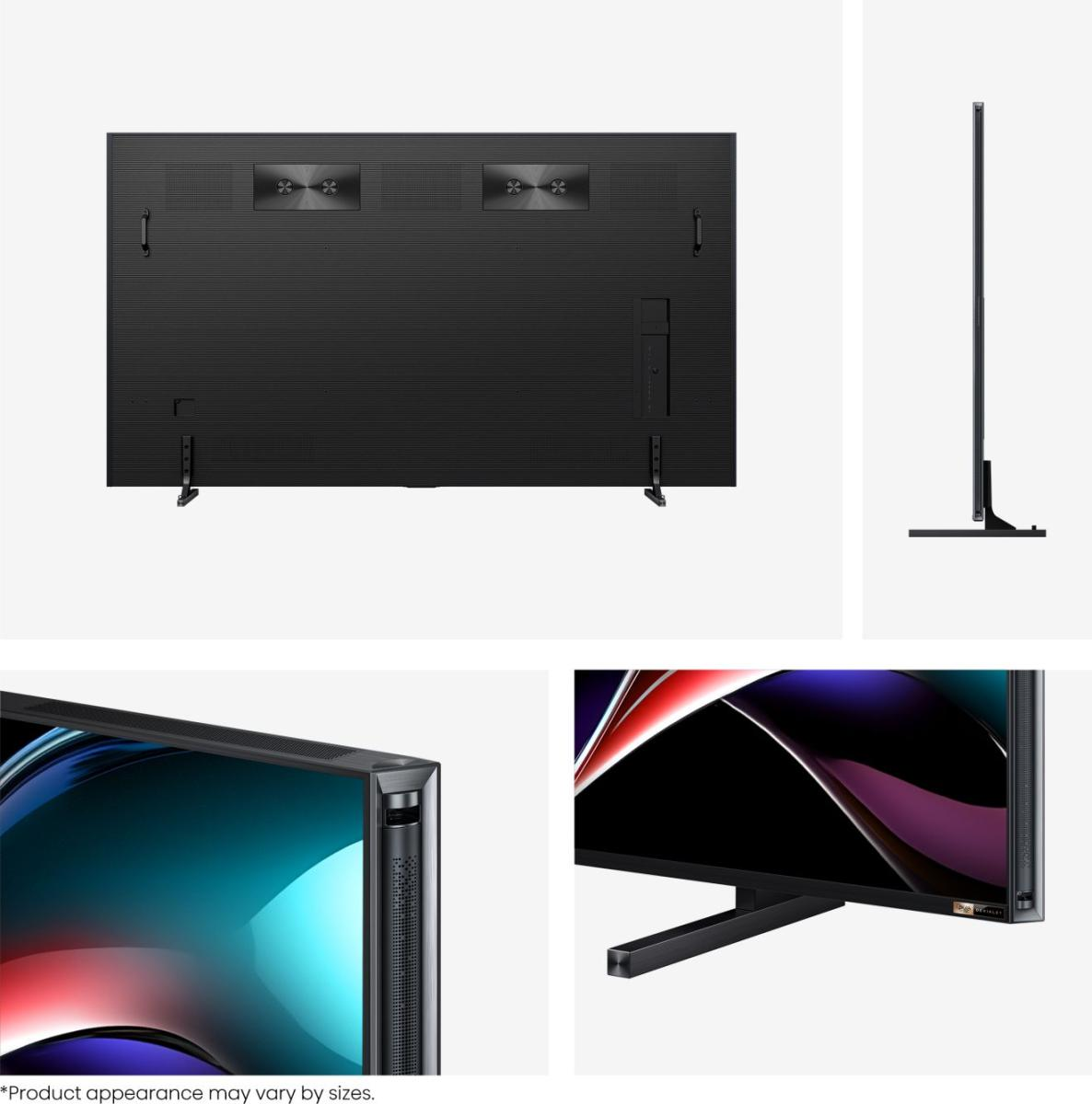 Rückansicht eines schlanken schwarzen Fernsehers mit Ständer und Seitenansicht.