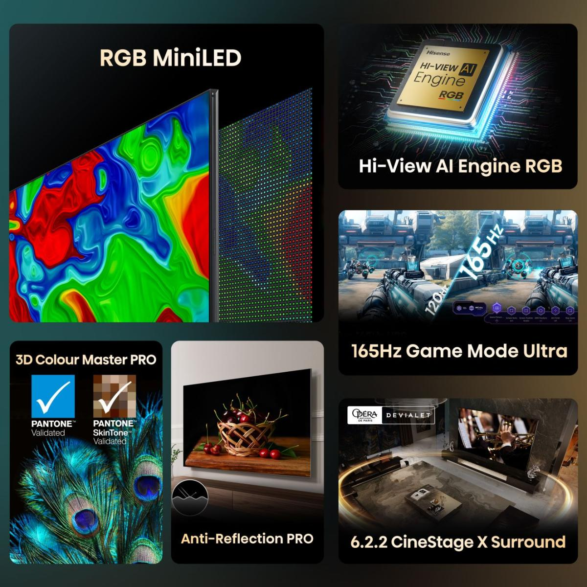 TV-Funktionen: RGB MiniLED, Hi-View AI Engine RGB, 165Hz Game Mode Ultra, 3D Colour Master PRO, Anti-Reflection PRO, 6.2.2 CineStage X Surround.