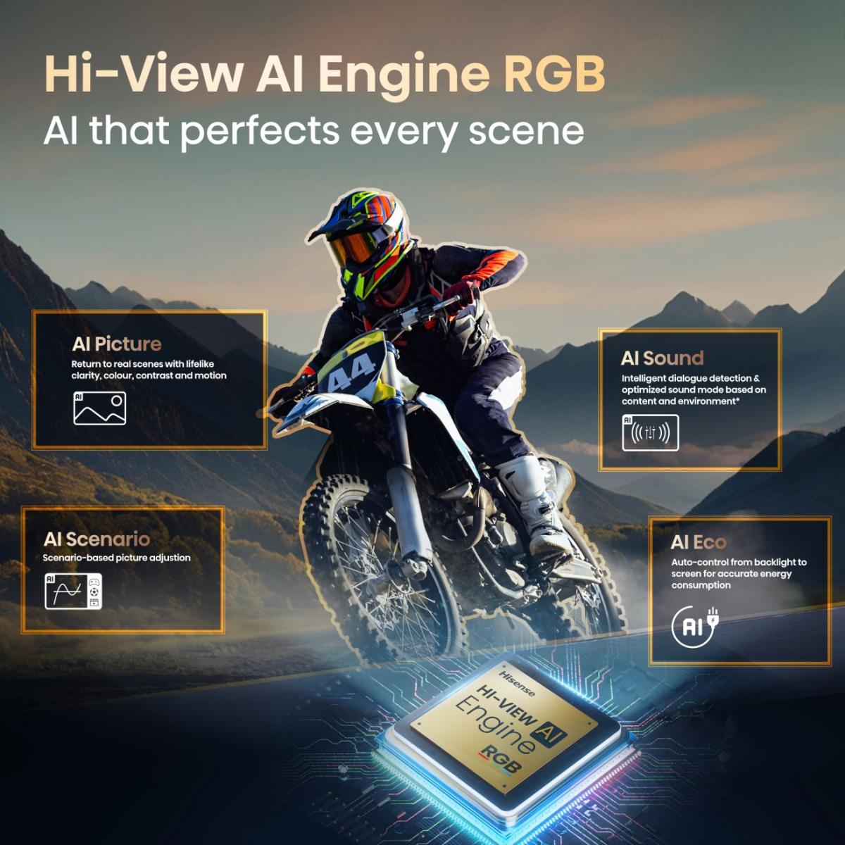 Ein Motocross-Fahrer fährt durch eine bergige Landschaft. Ein Chip wird angezeigt.