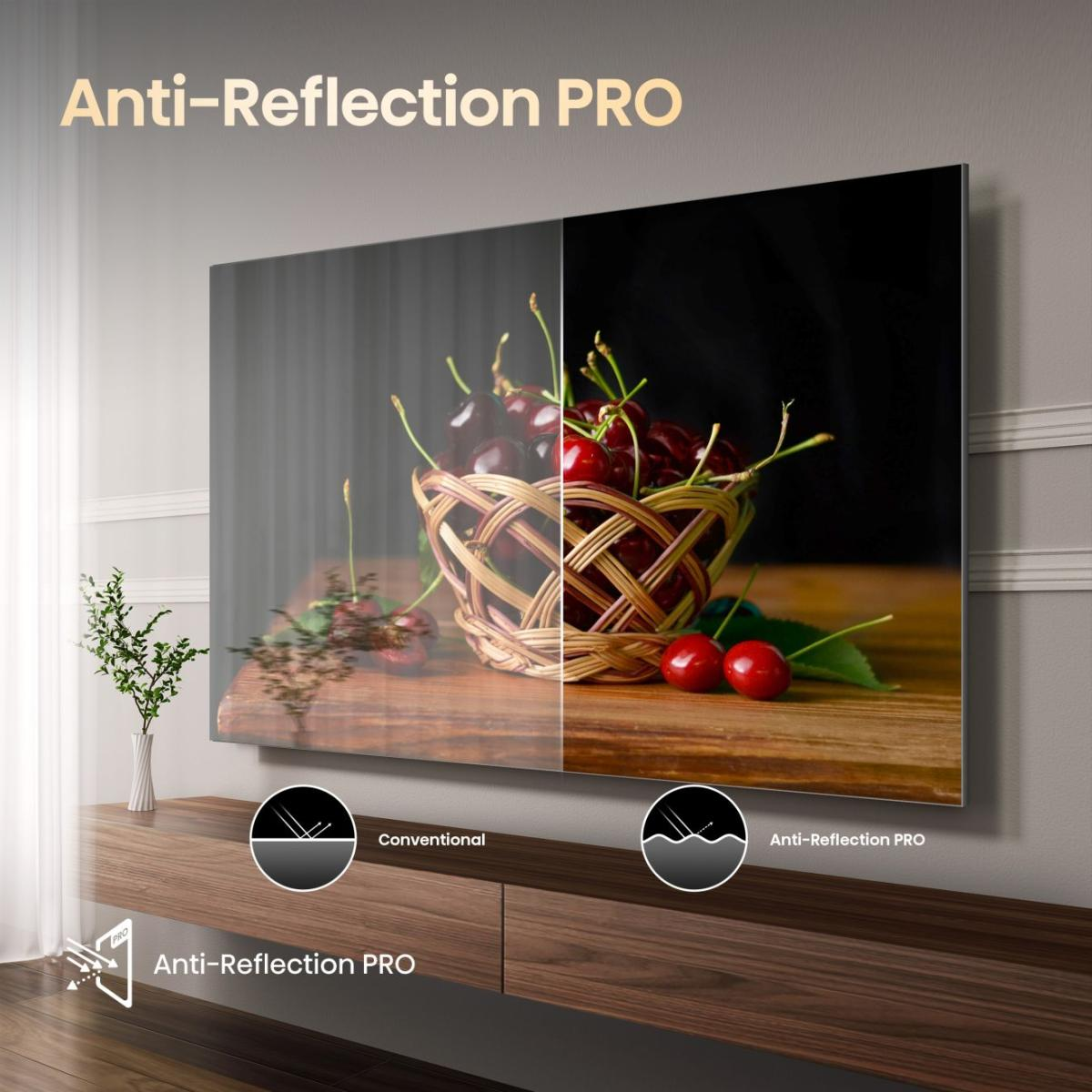 Ein TV-Bildschirm zeigt einen Korb mit Kirschen, links konventionell, rechts mit Anti-Reflection PRO.