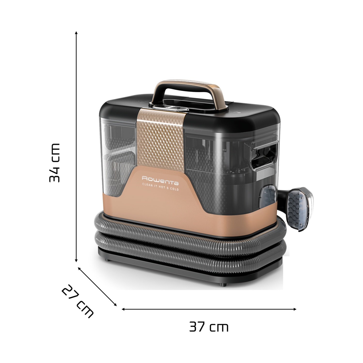 Un pulitore portatile compatto nero e bronzo con manico e tubo.