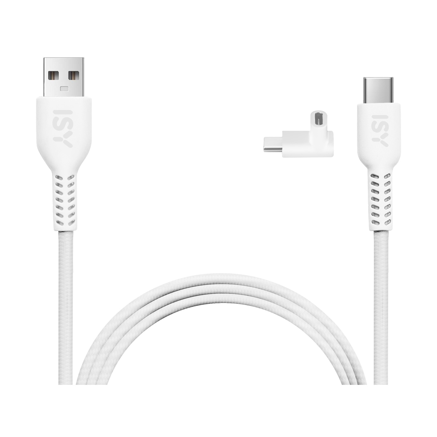 Cavo ISY USB-A a USB-C bianco con connettore USB-C angolato e adattatore.