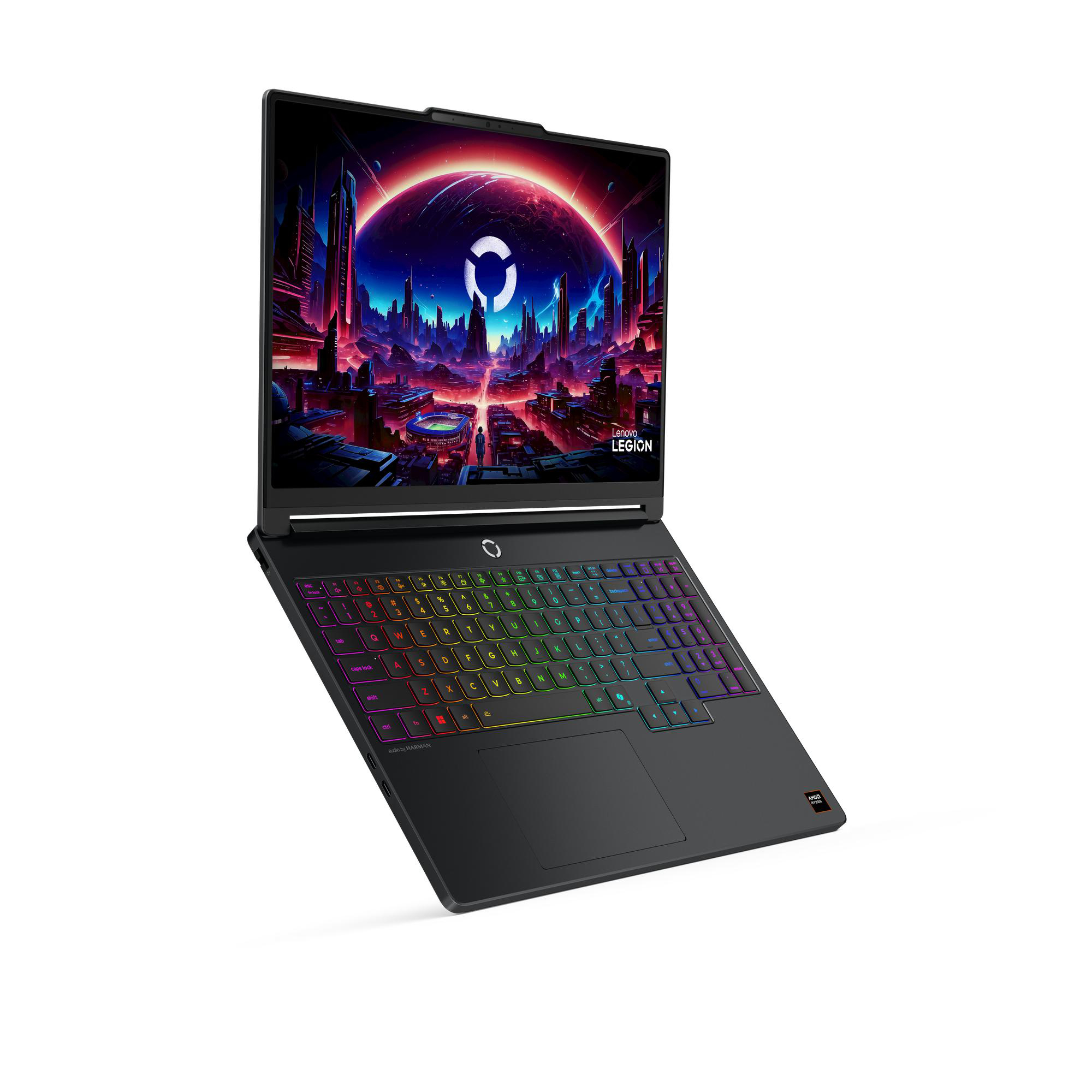 Schwarzer Laptop mit beleuchteter Tastatur und futuristischem Hintergrundbild.