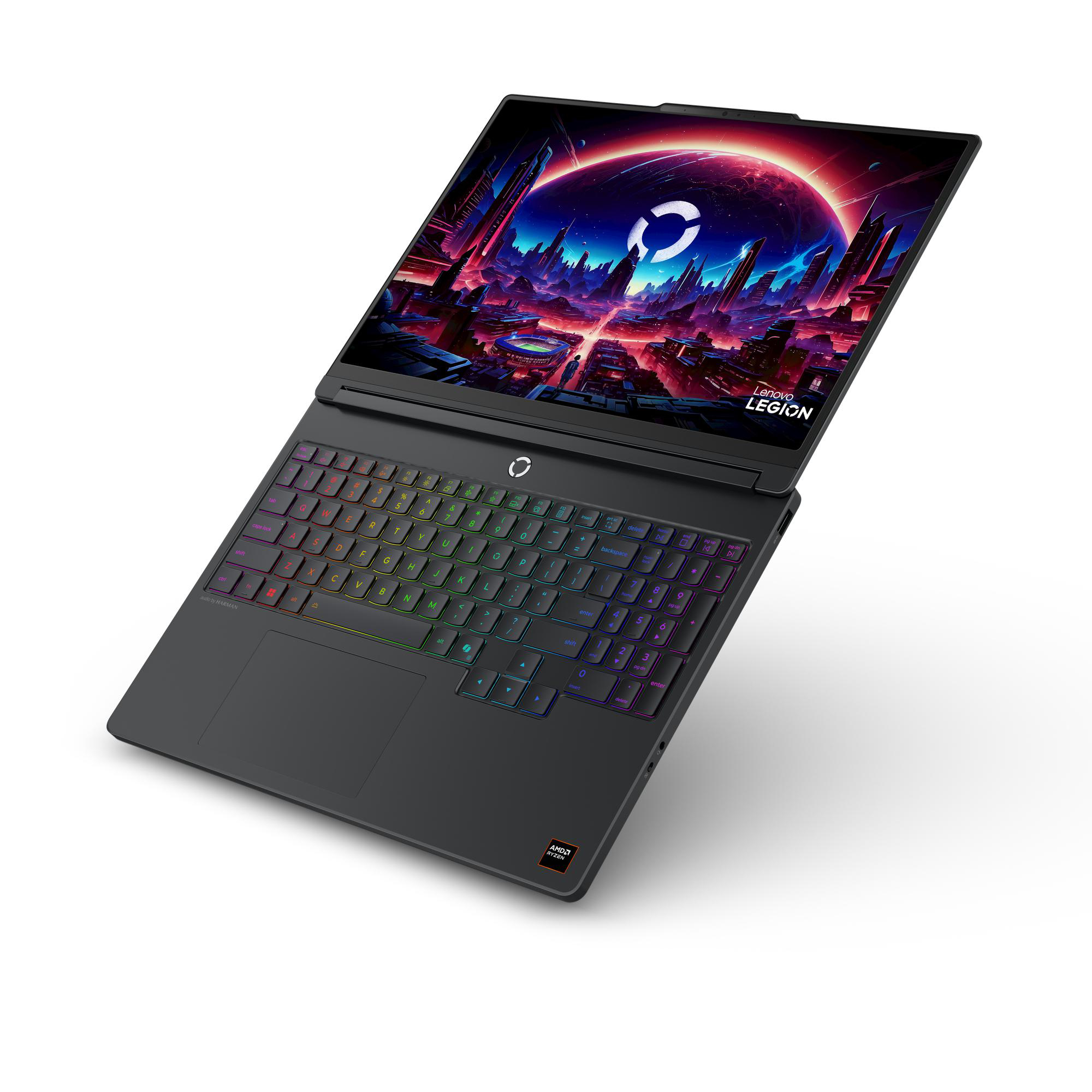 Ein dunkler Lenovo Legion Laptop mit beleuchteter Tastatur und futuristischem Hintergrundbild.