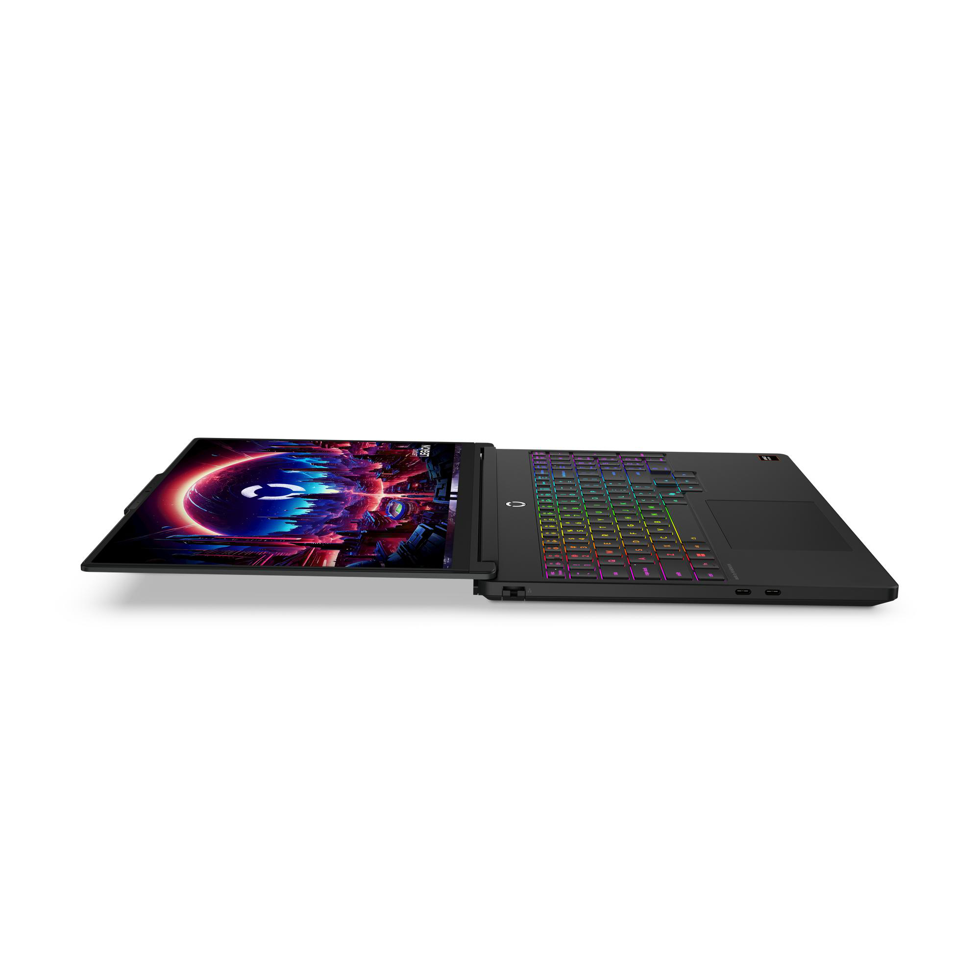 Schwarzer Laptop mit beleuchteter Tastatur und kosmischem Bildschirmhintergrund.