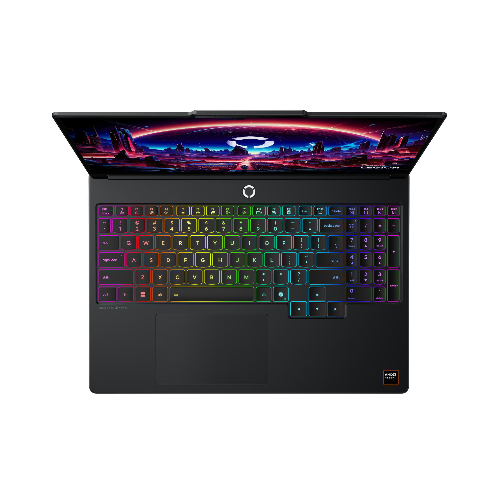 Ein offener schwarzer Laptop mit bunt beleuchteter Tastatur und futuristischem Hintergrundbild.
