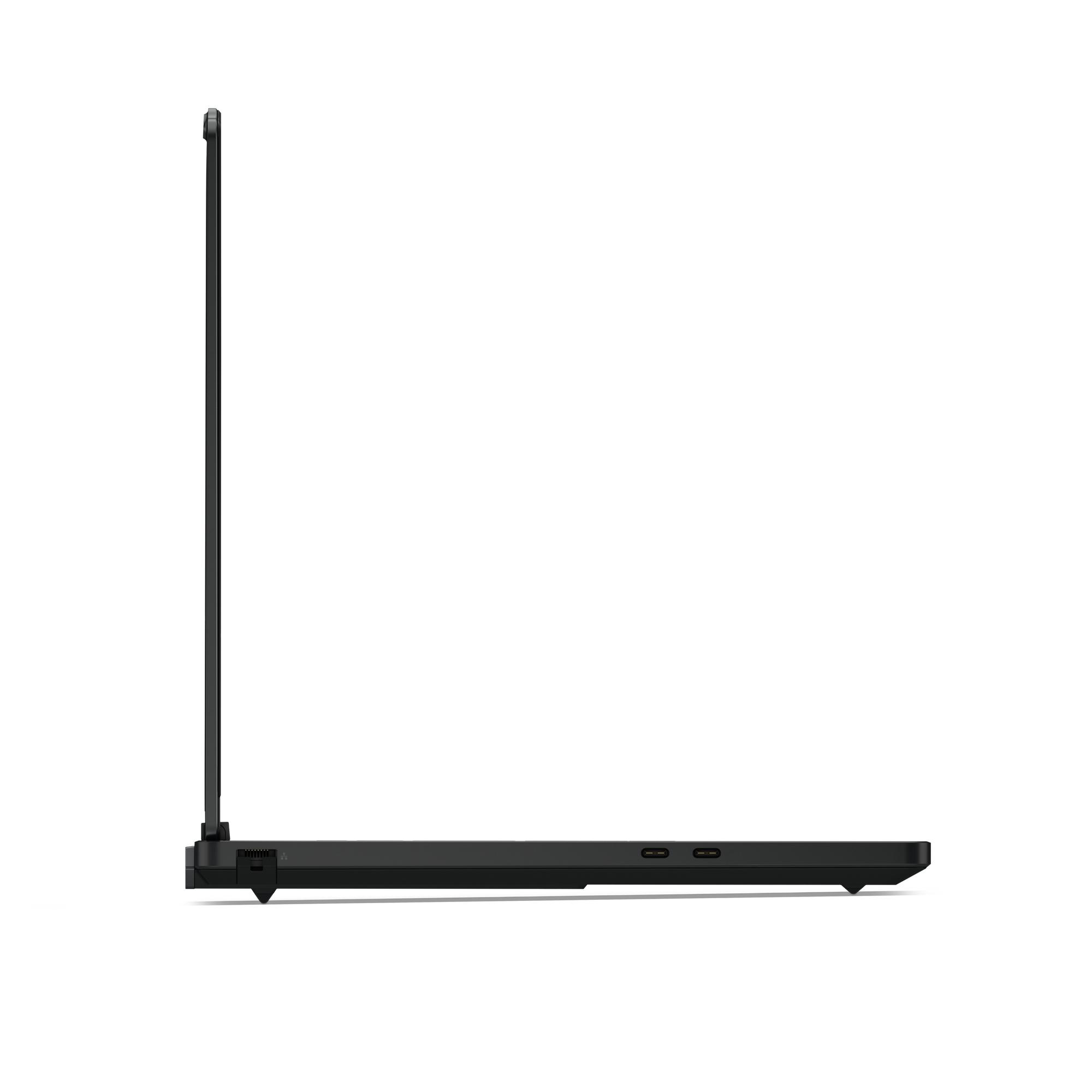 Ein schwarzer Laptop von der Seite, Bildschirm aufrecht, weier Hintergrund.