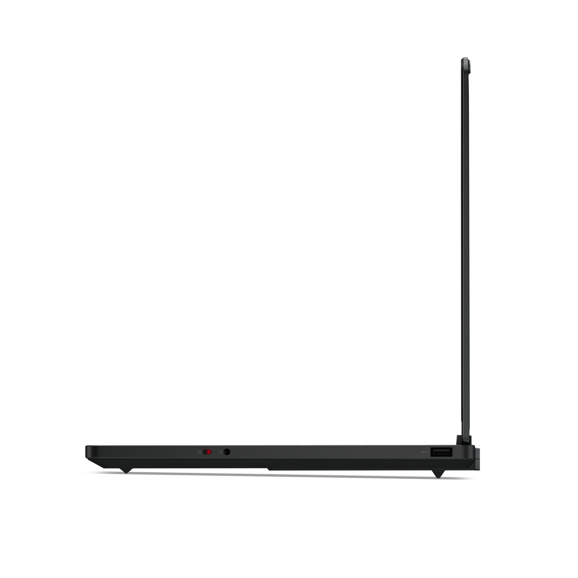Schwarzer Laptop im Profil, Bildschirm nach oben geklappt, mit Anschlüssen an der Seite.