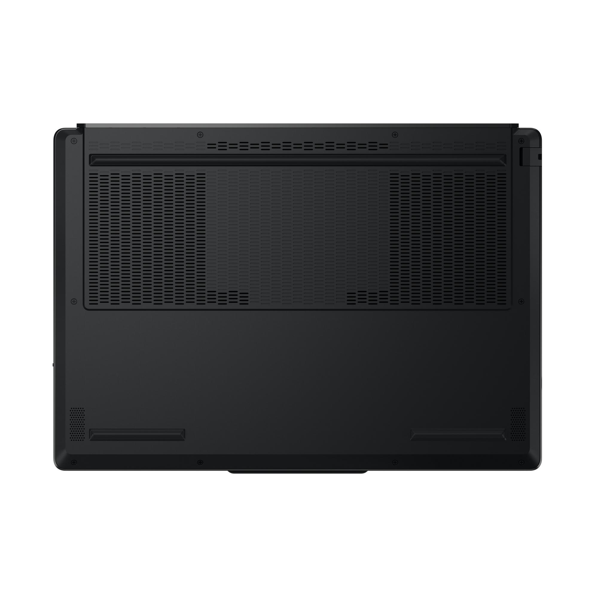 Unterseite eines schwarzen Laptops mit Lüftungsschlitzen und Schrauben.