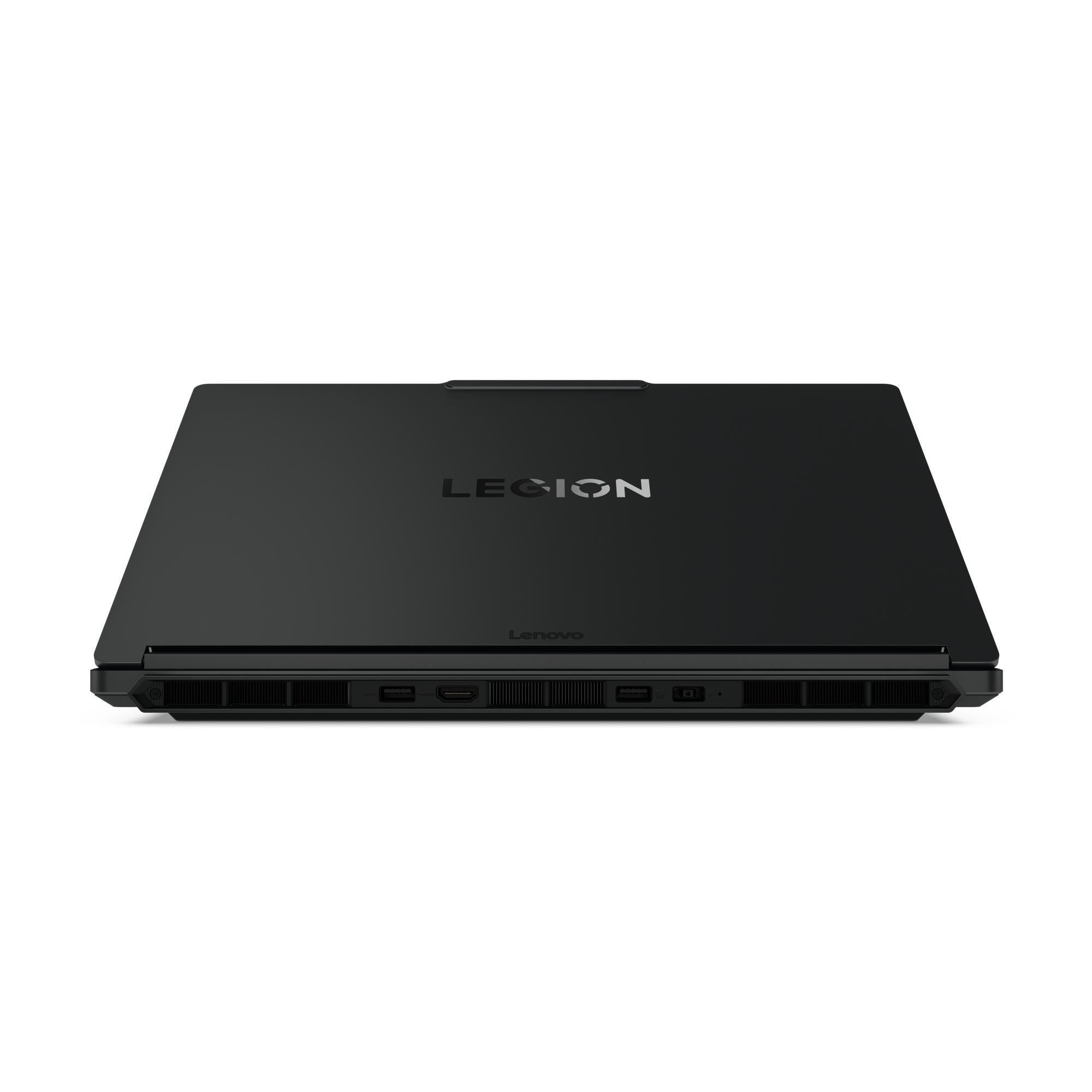 Schwarzer Lenovo Legion Laptop mit Anschlüssen an der Seite.