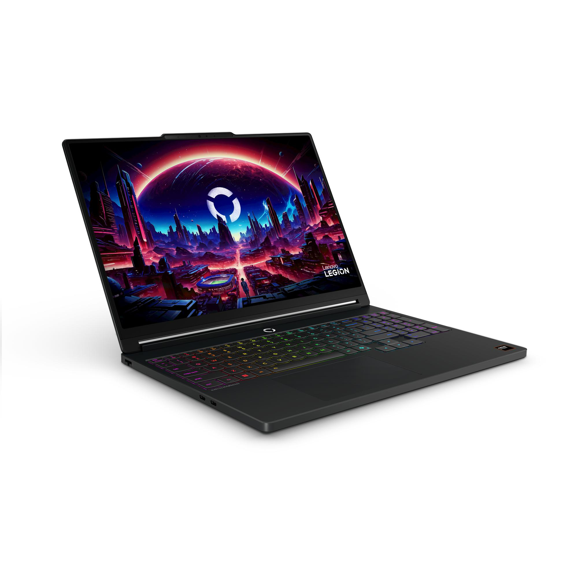 Schwarzer Laptop mit farbiger Tastatur, zeigt futuristische Stadtbild-Hintergrund.
