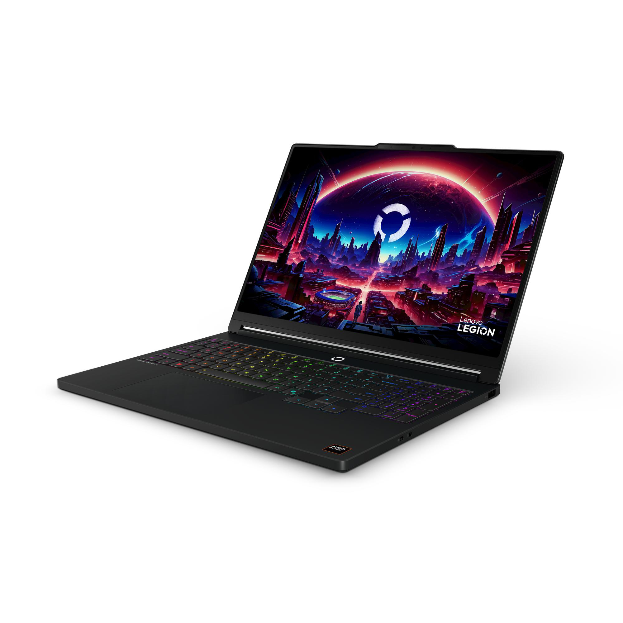 Ein schwarzer Lenovo Legion Laptop mit einer lebendigen, futuristischen Stadtszene auf dem Bildschirm.