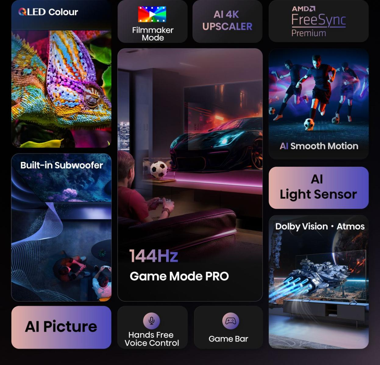 Funkcje TV: QLED, Tryb Filmowca, Skaler AI 4K, FreeSync Premium, Wbudowany subwoofer, Płynny ruch AI, Czujnik światła AI, Game Mode PRO 144Hz, Obraz AI, Sterowanie głosowe, Pasek gry, Dolby Vision/Atmos.