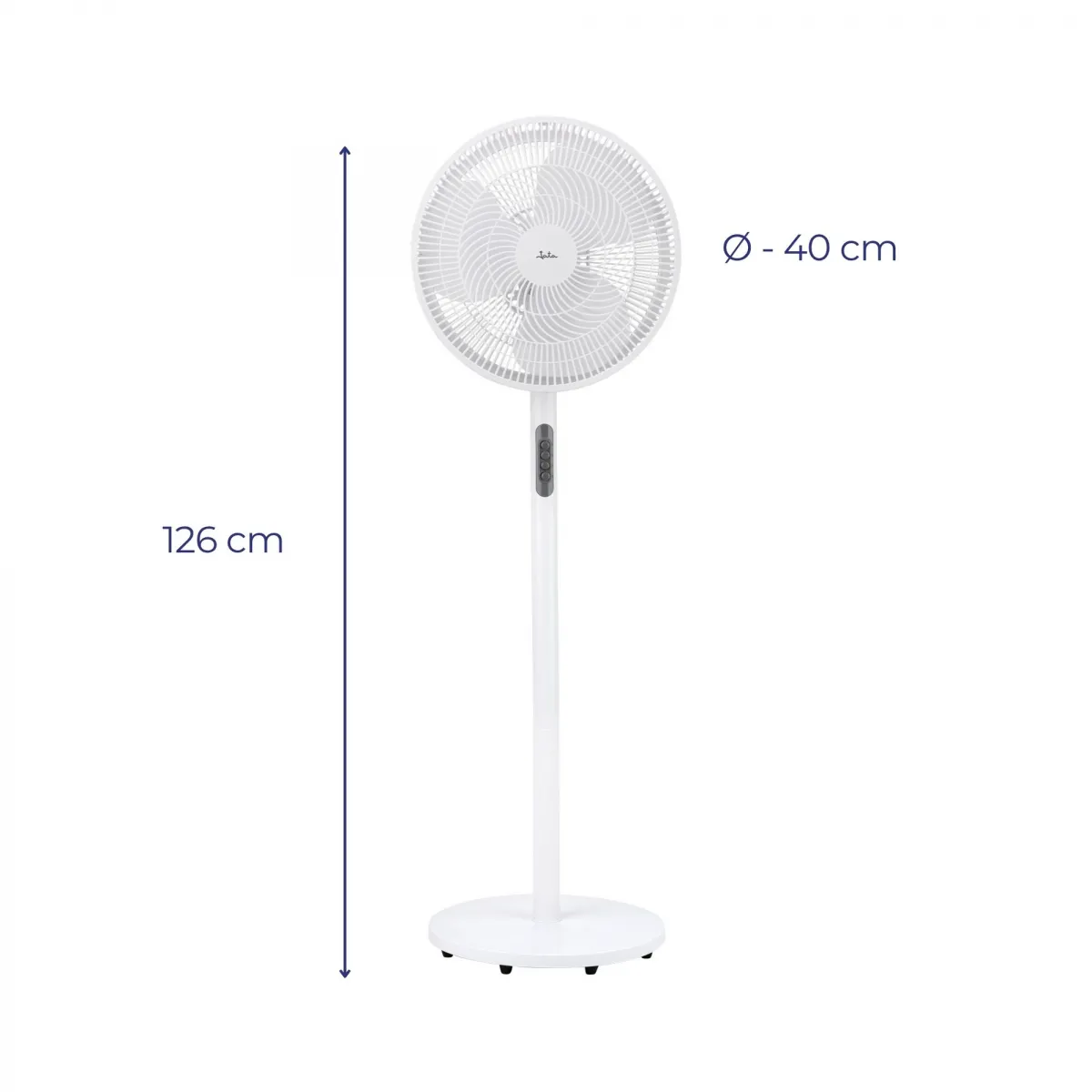 Un ventilador de pie blanco, diámetro 40 cm, altura 126 cm.