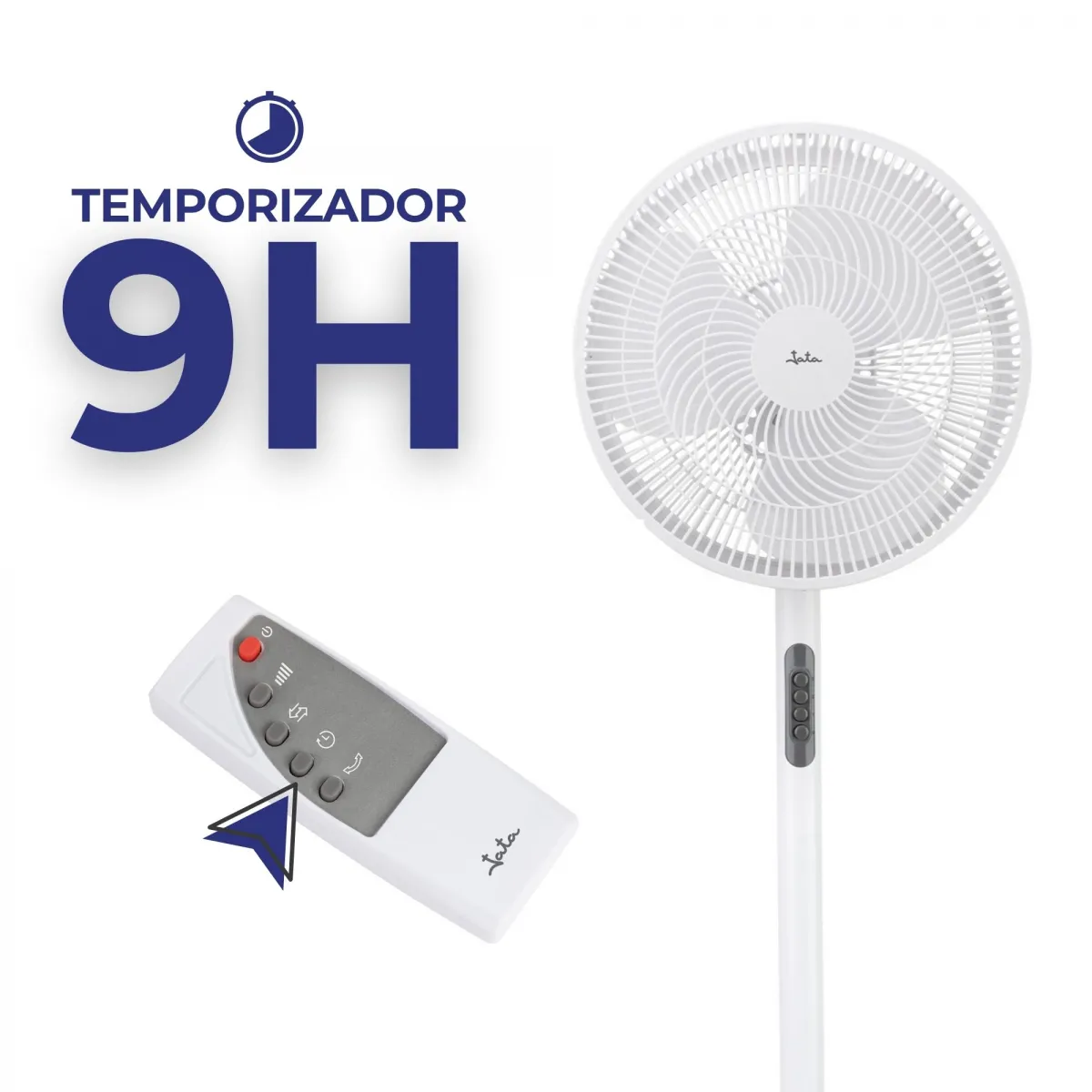 Un ventilador de pie blanco con mando a distancia y temporizador de 9 horas.