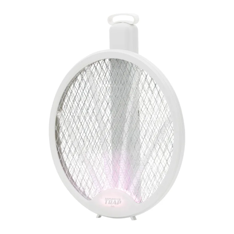 Una trampa para mosquitos blanca con rejilla redonda y luz UV.