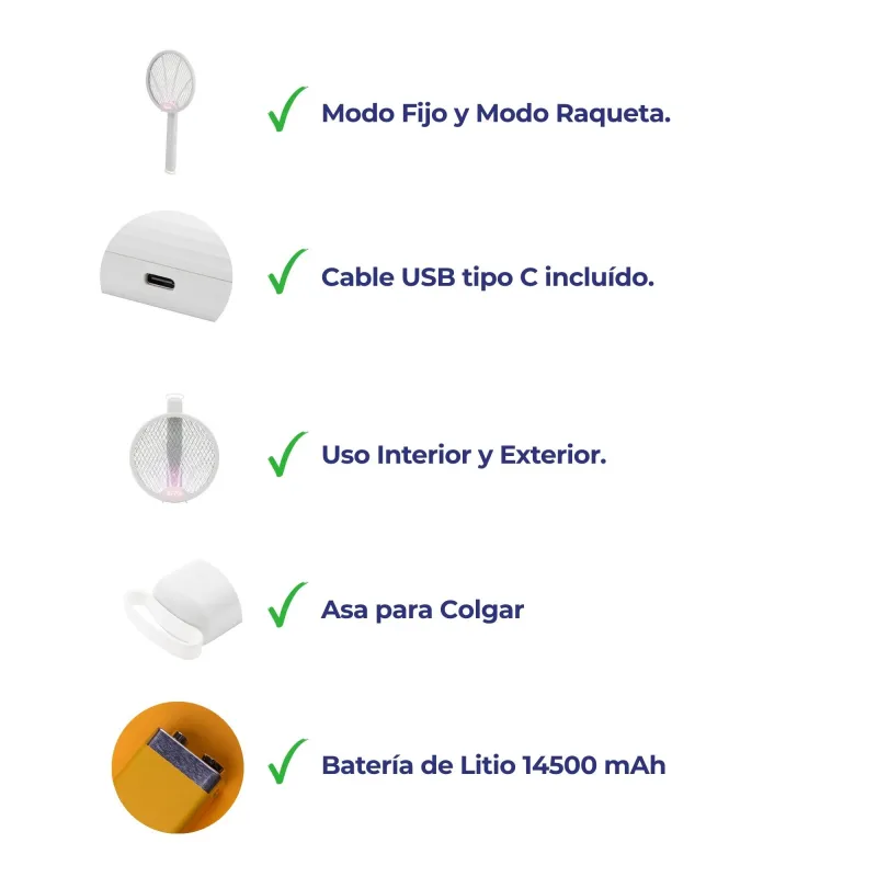 La imagen muestra un matamoscas con USB-C, asa colgante y batería de 14500 mAh.