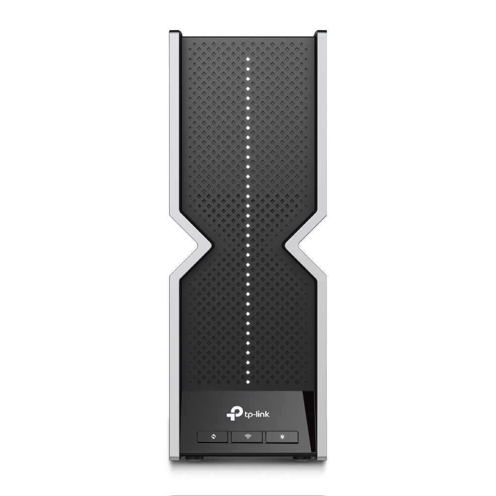 Un router TP-Link negro con detalles plateados y un patrón de pequeños cuadrados.