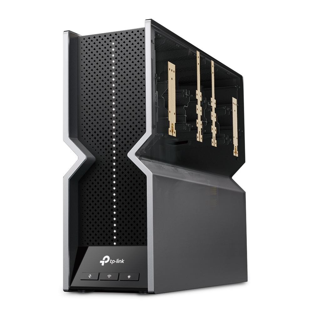 Un router negro con la carcasa abierta, mostrando componentes internos.