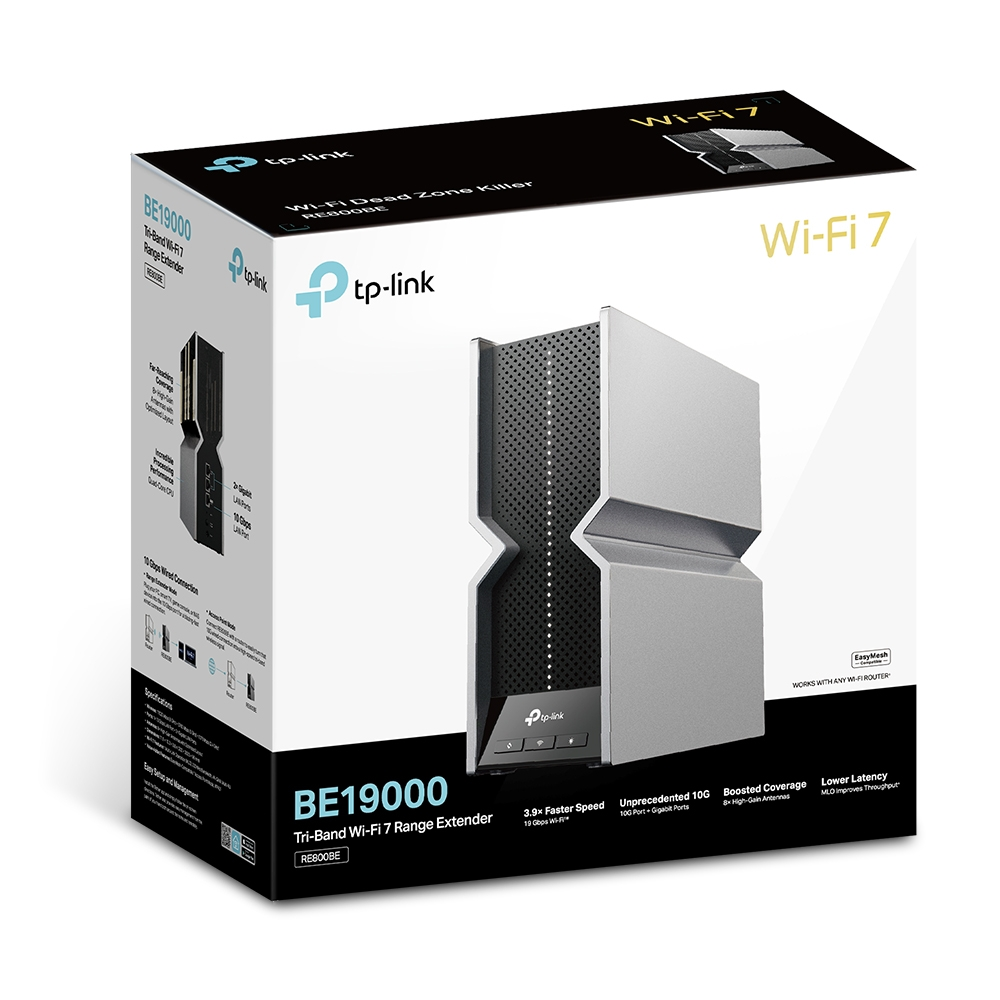 Caja de extensor Wi-Fi 7 Tri-Band TP-Link BE19000 con imagen del producto.