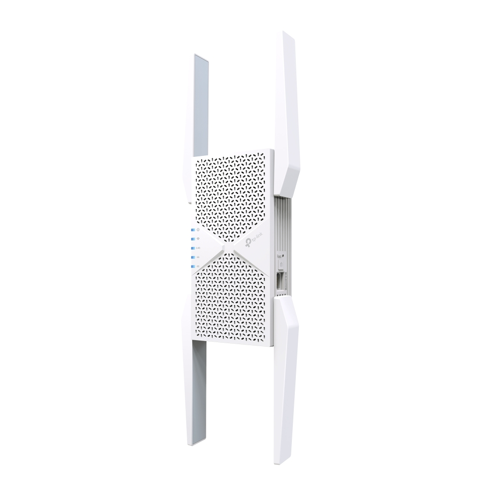 Un extensor Wi-Fi TP-Link blanco con antenas y luces indicadoras.