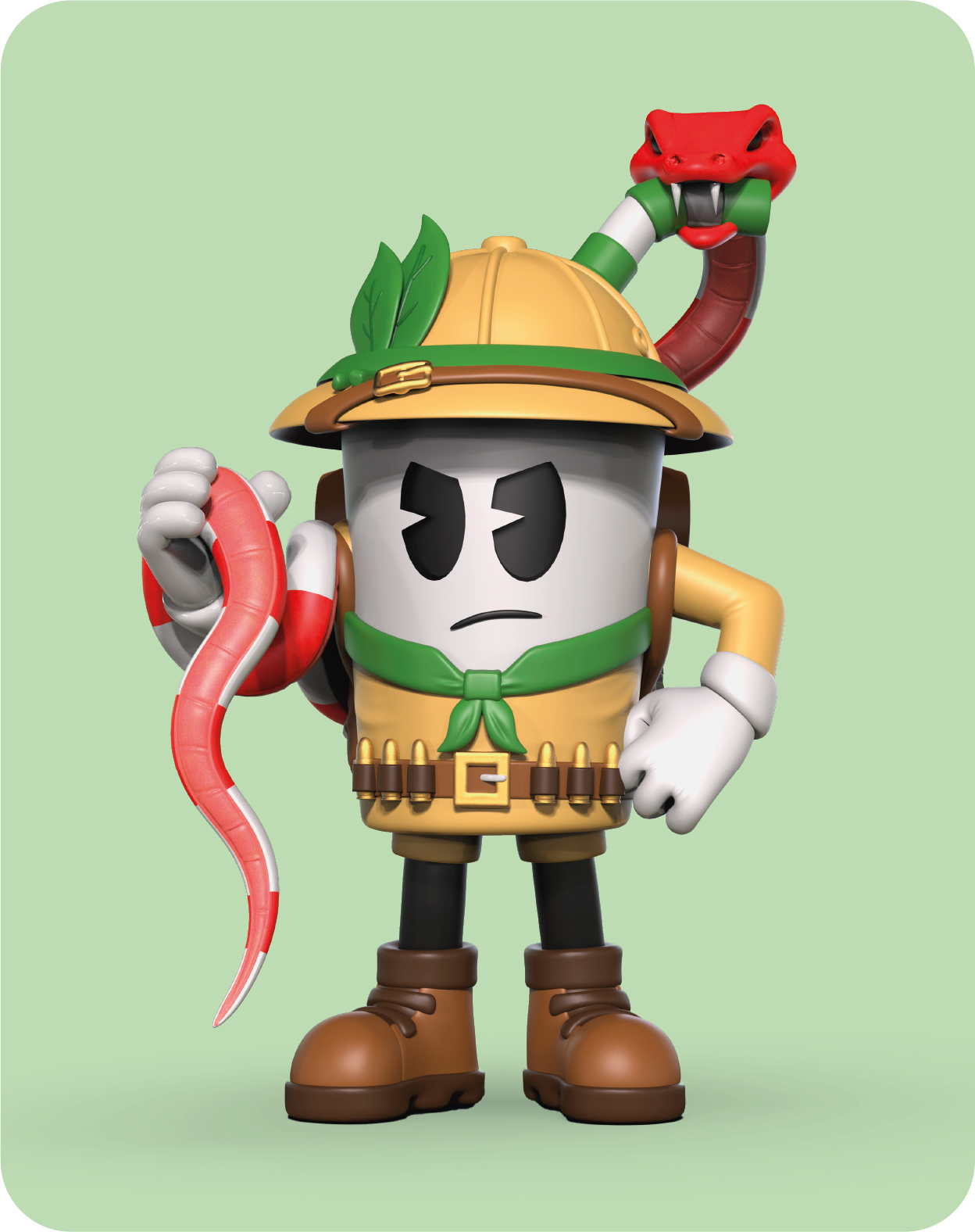 Un personaje de dibujos animados con atuendo de safari sostiene una serpiente.