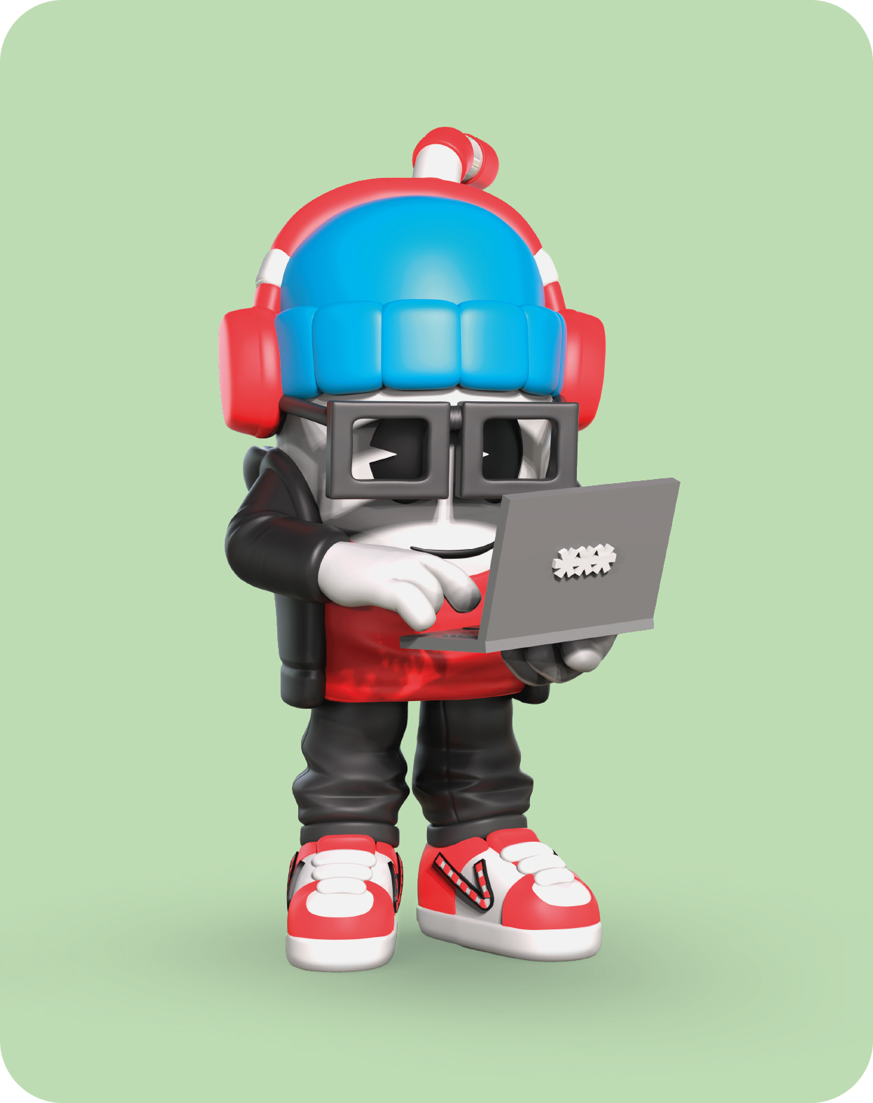 Un personaje de dibujos animados con auriculares y gafas usa una laptop.