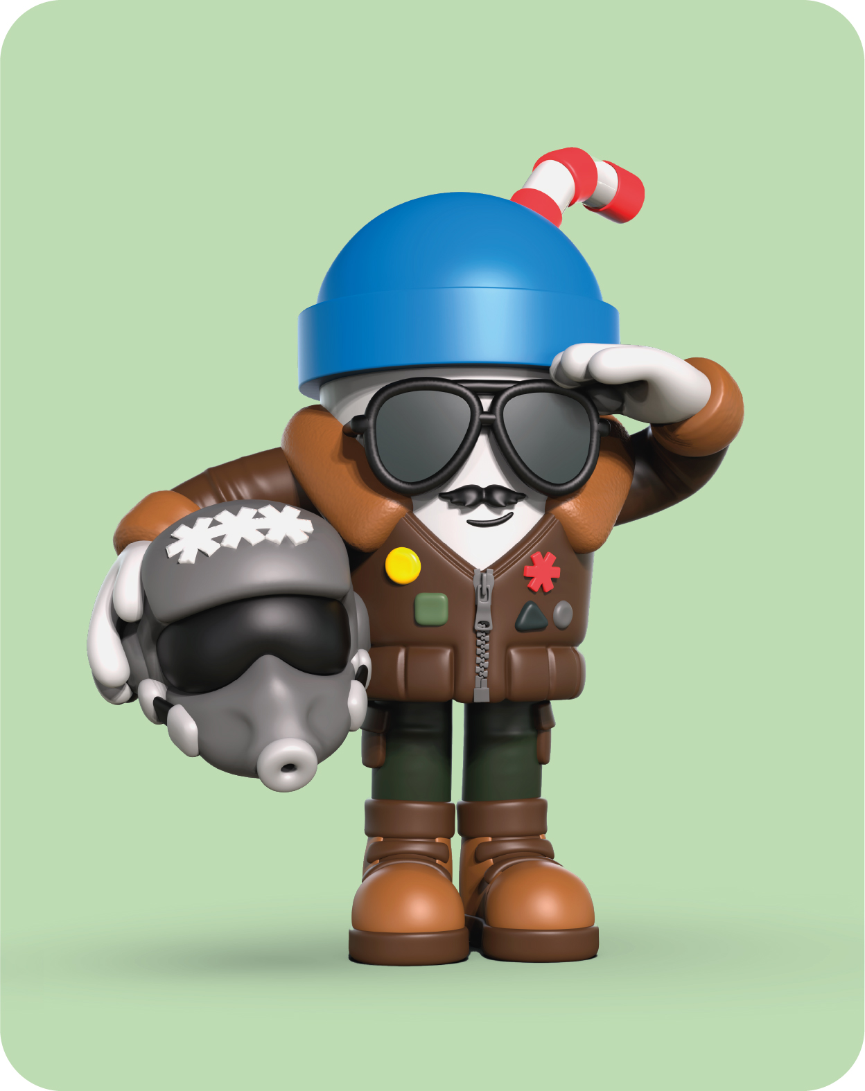 Un piloto de dibujos animados con gafas de sol y sombrero sostiene otro casco.